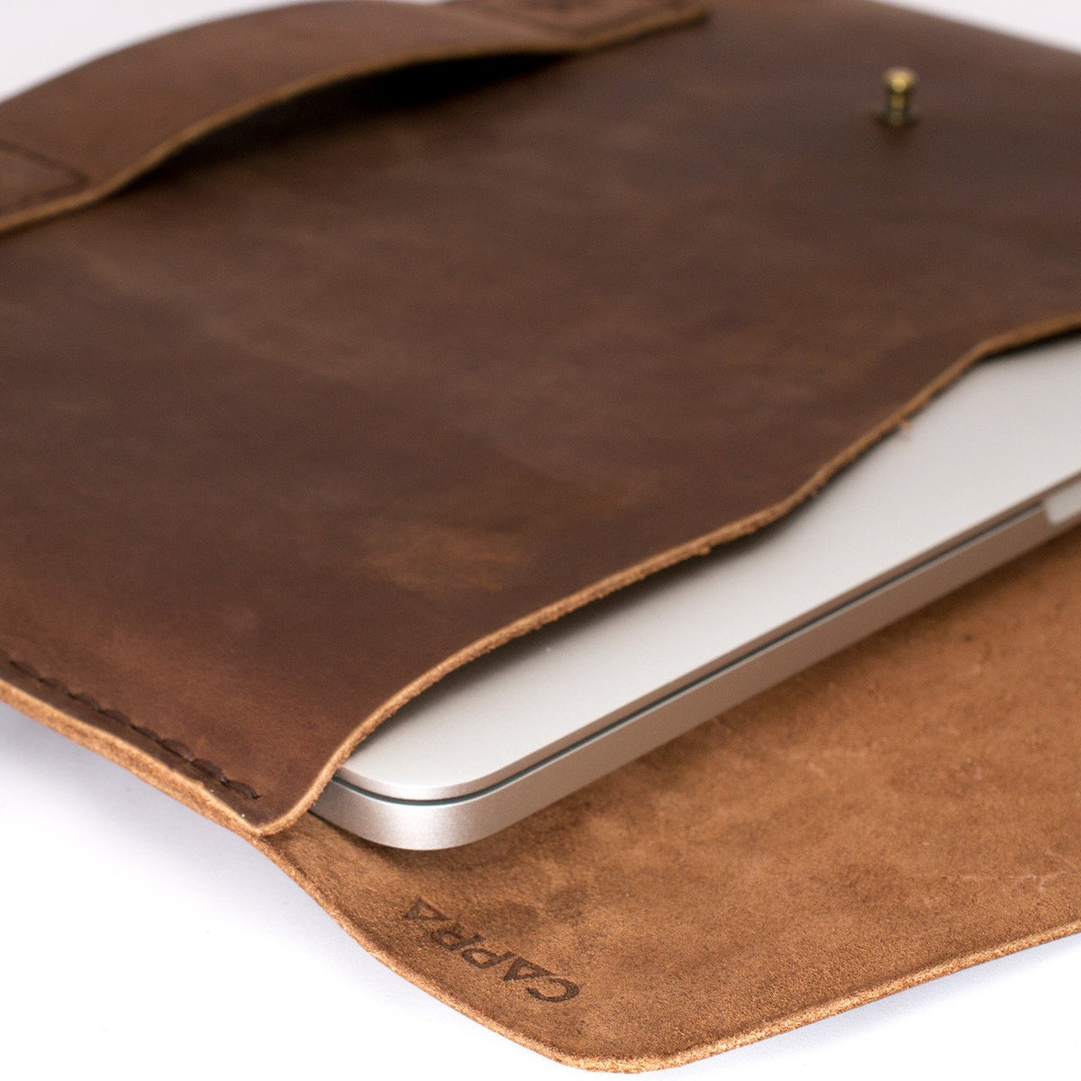 Soft Interior Detail. Canela Leather MacBook Case. Slant MacBook Sleeve by Capra Leather