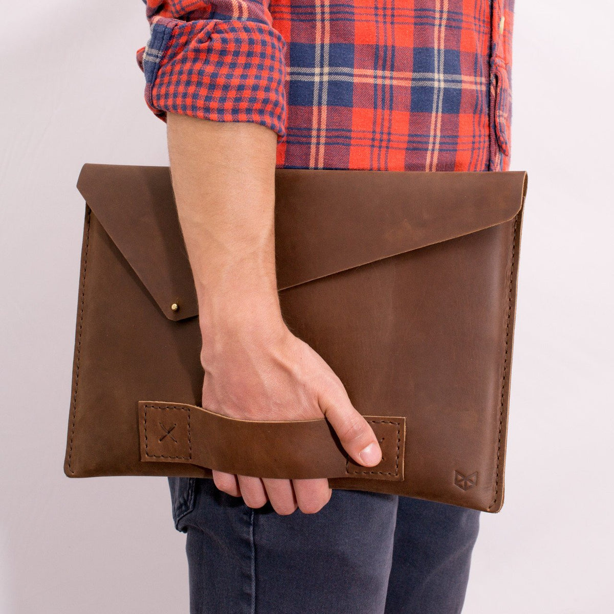 Soft Leather Handle. Canela Leather MacBook Case. Slant MacBook Sleeve by Capra Leather