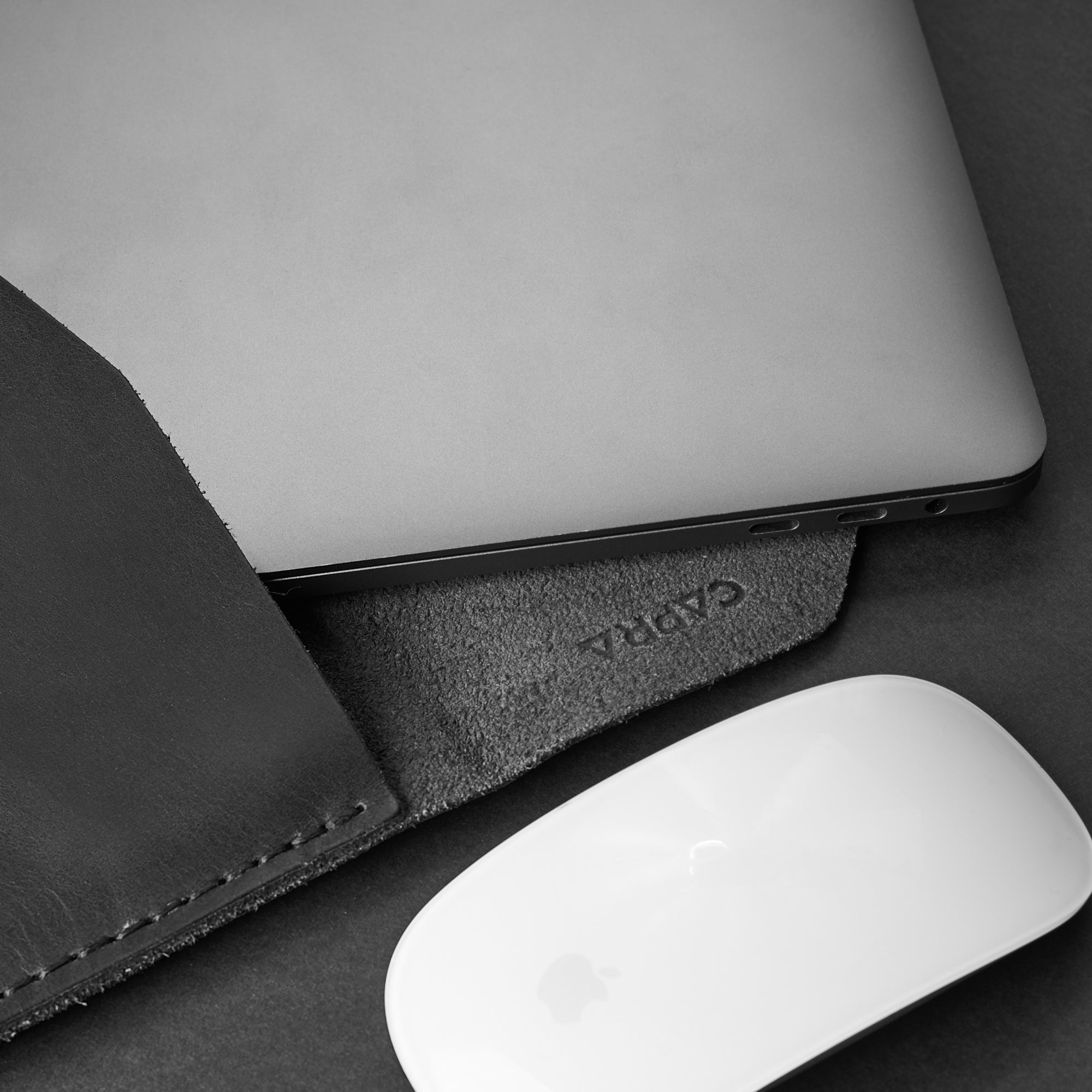 Details. Black Leather MacBook Case. Slant MacBook Sleeve by Capra Leather