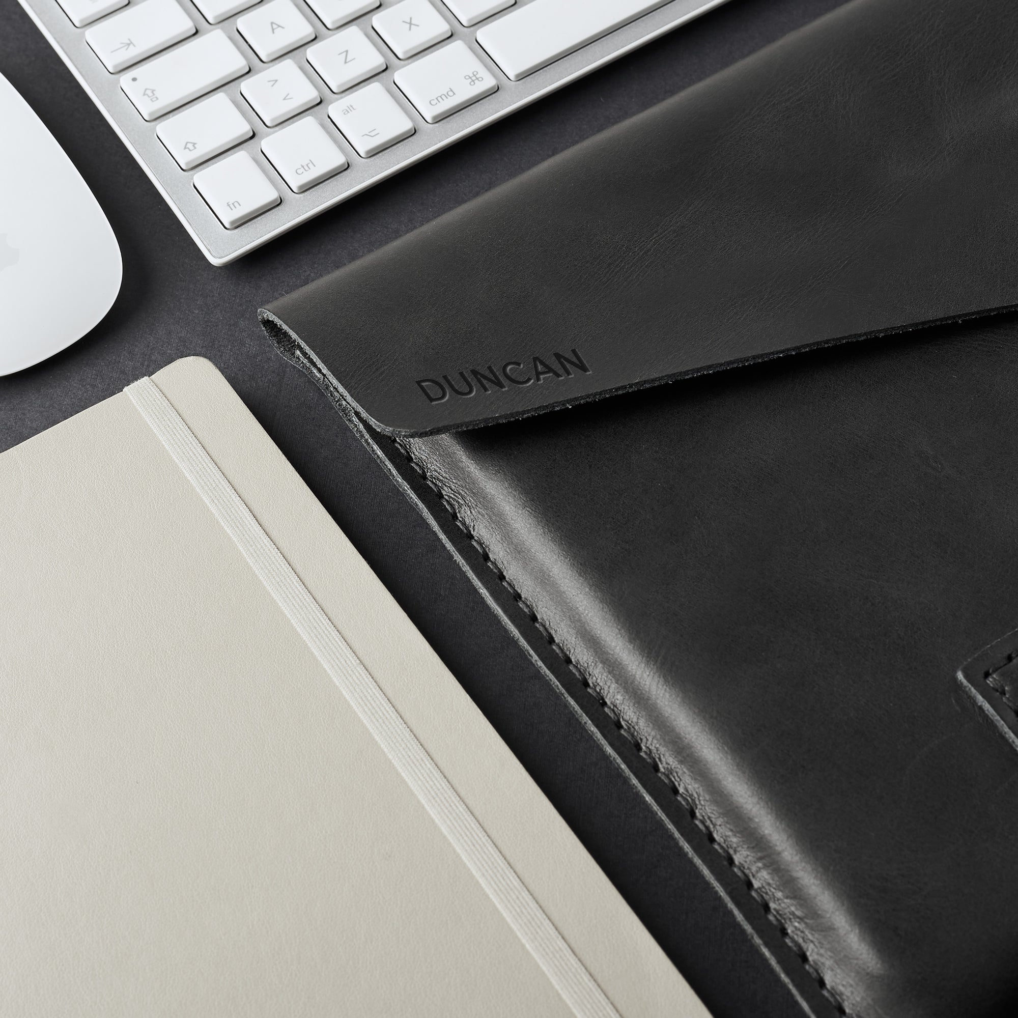Custom engraving. Black Leather MacBook Case. Slant MacBook Sleeve by Capra Leather