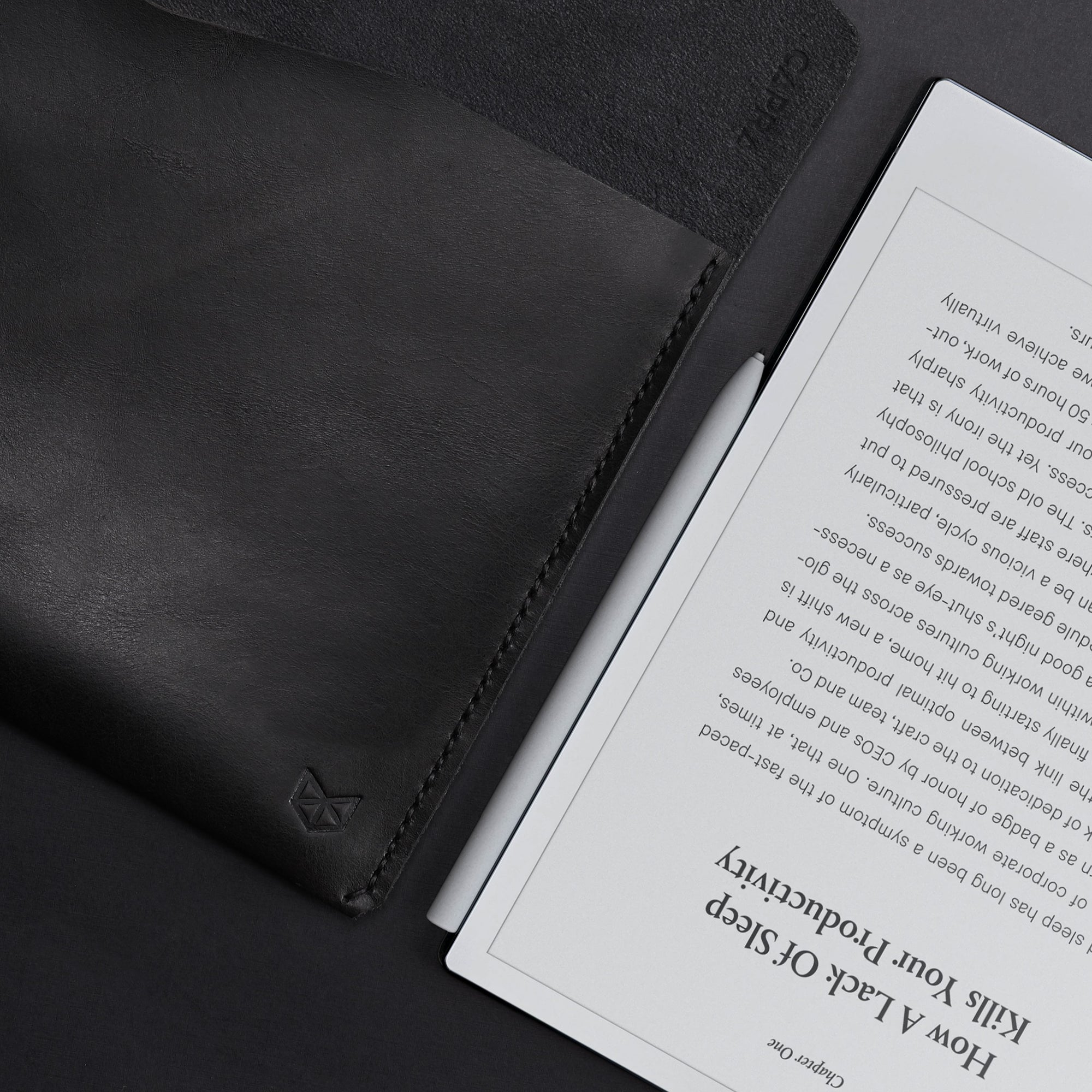 Detail. Black Leather reMarkable 2 Cover Case Sleeve With Marker Holder by Capra Leather