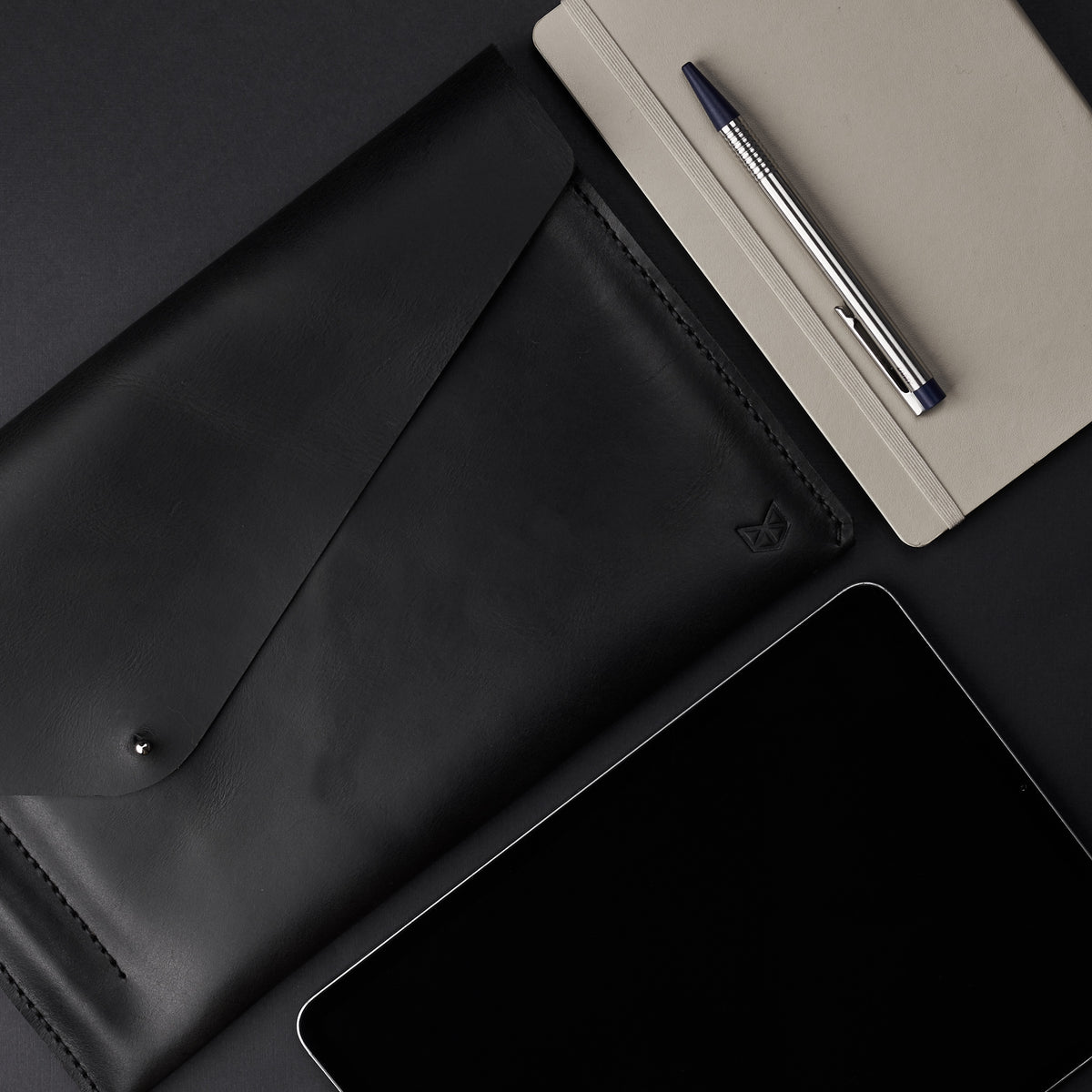 From view. iPad Sleeve. iPad Leather Case Black With Apple Pencil Holder by Capra Leather