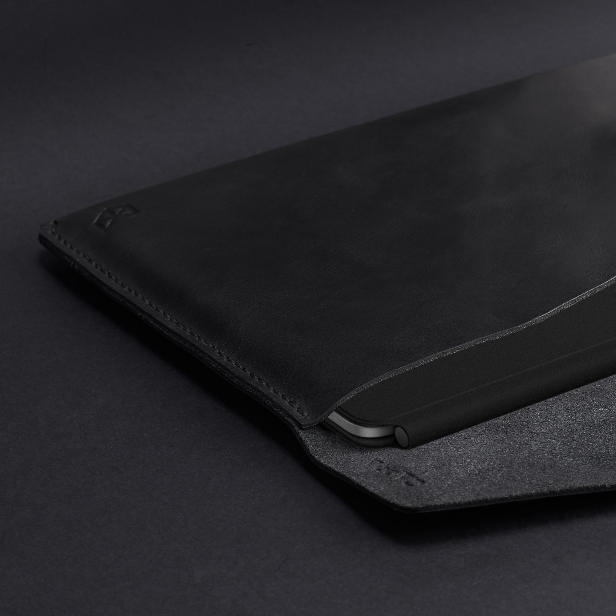 Hand stitching. iPad Sleeve. iPad Leather Case Black With Apple Pencil Holder by Capra Leather