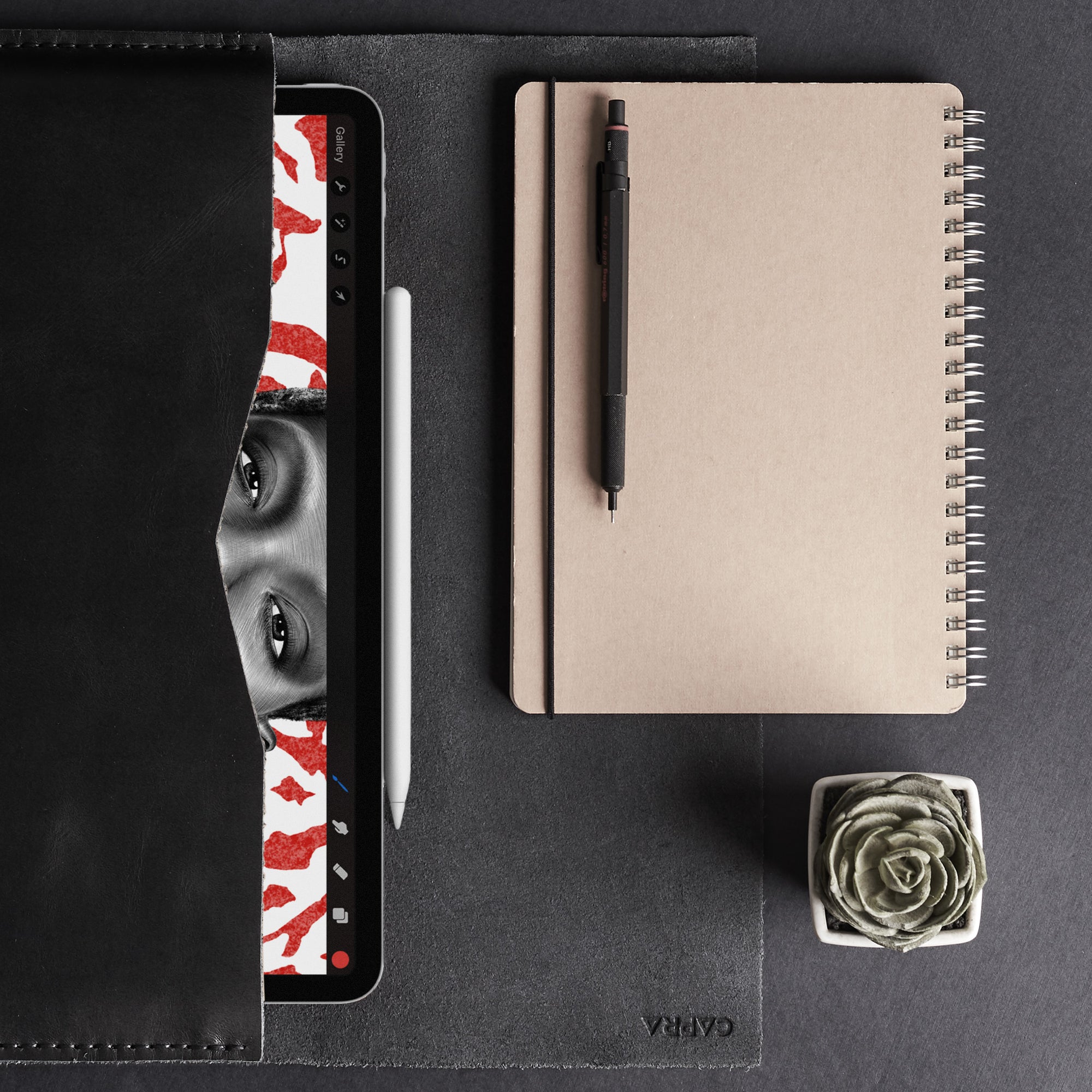 Apple Pencil attached. Black Leather Minial iPad Sleeve Case by Capra Leather