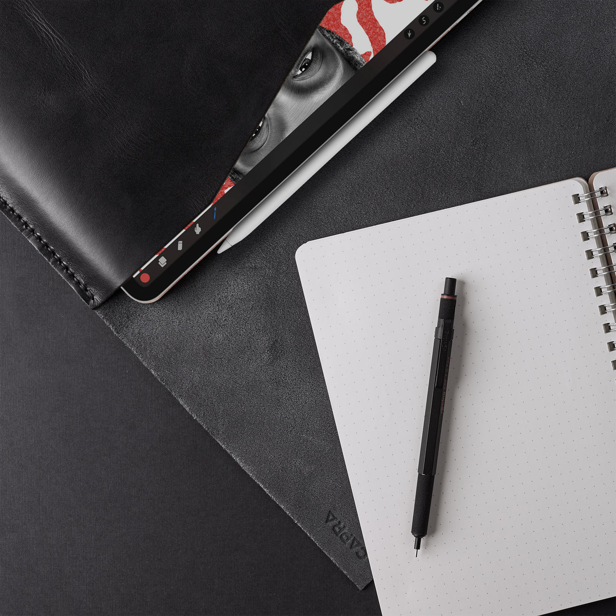 Apple Pencil. Black Leather Walker iPad Cover Case Sleeve by Capra Leather