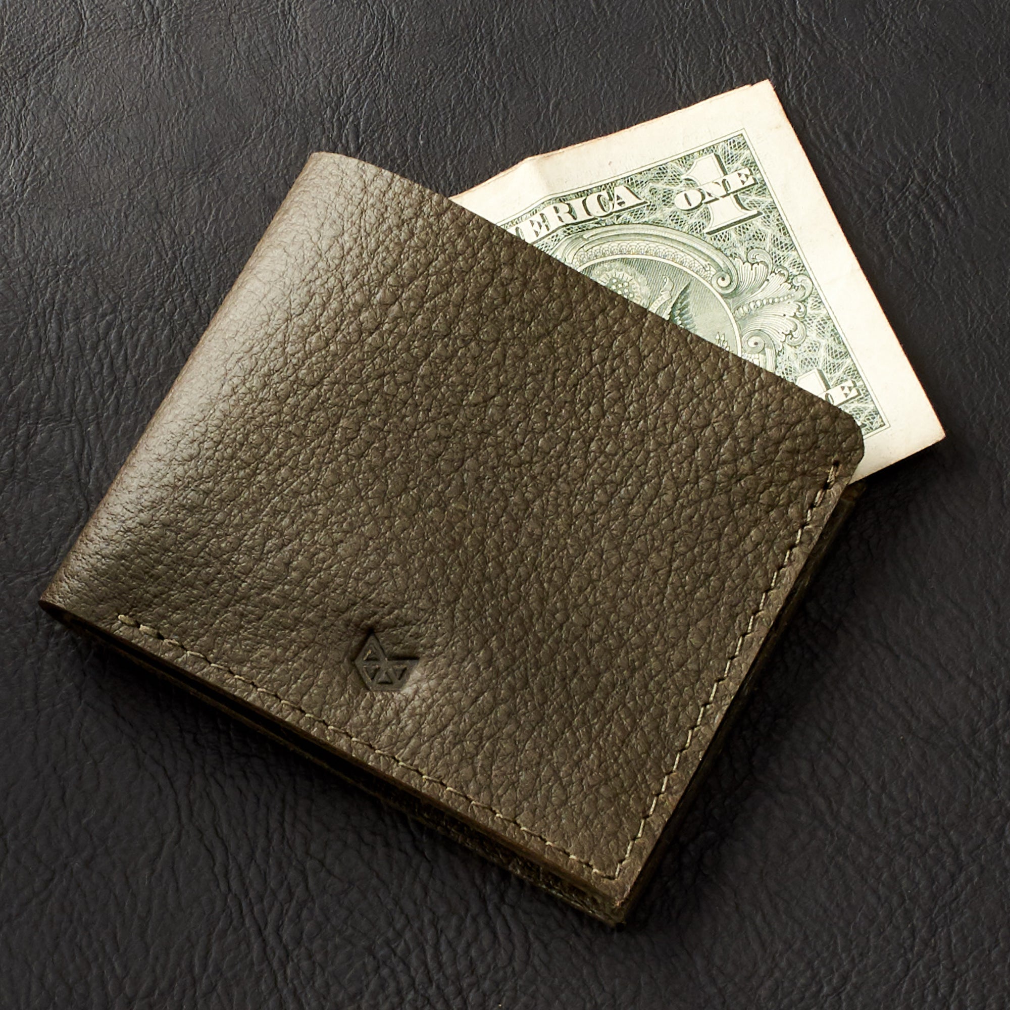 Dolar and Euro bills size. Leather dark green slim wallet, minimalist bifold for mens gifts
