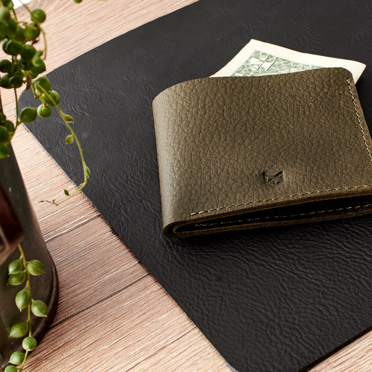 Style. Leather dark green slim wallet, minimalist bifold for mens gifts