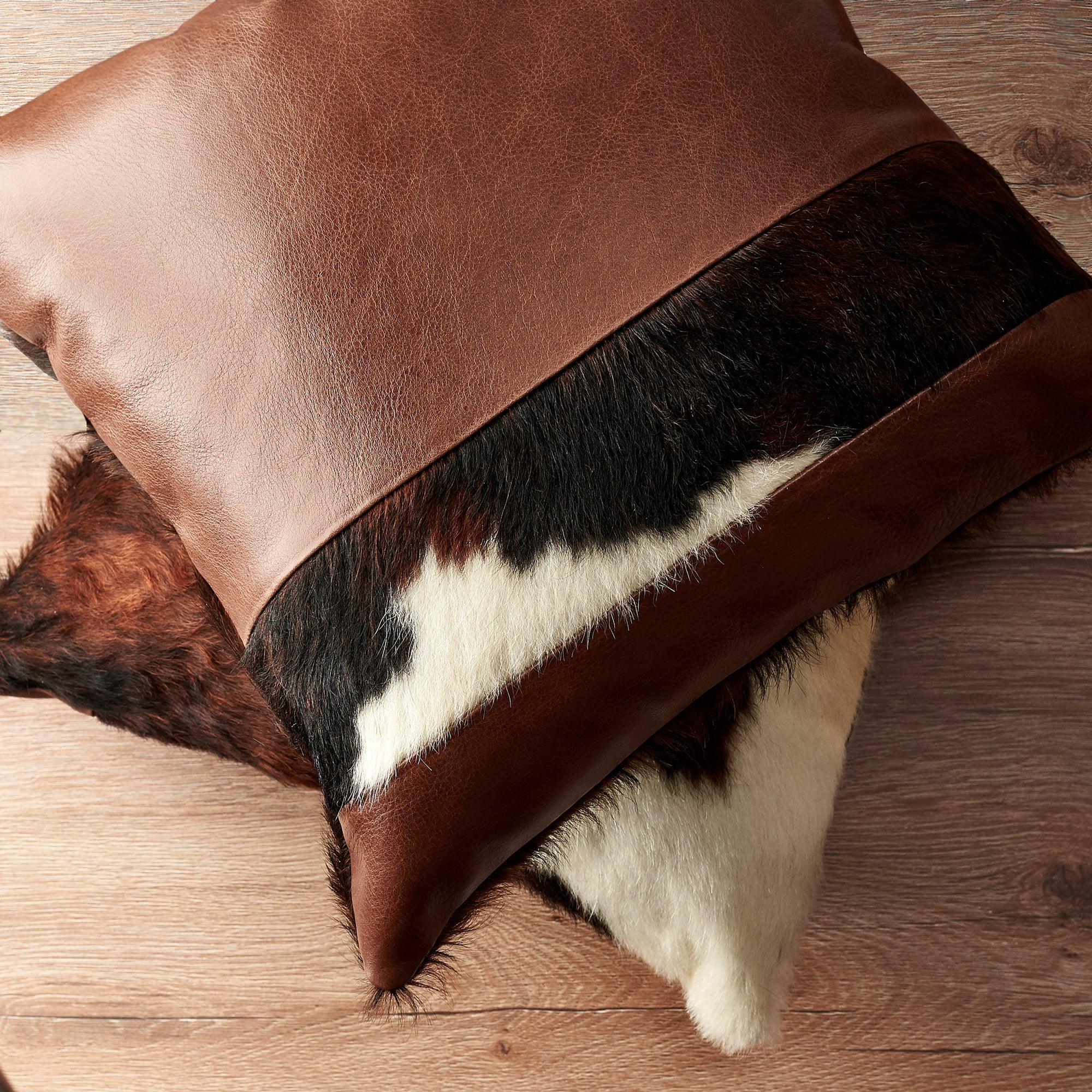 Style. Brown Dual Leather Cowhide Cushion. Couch decoration, lounge, bench, sofa cushion covers, custom size, pillow. 