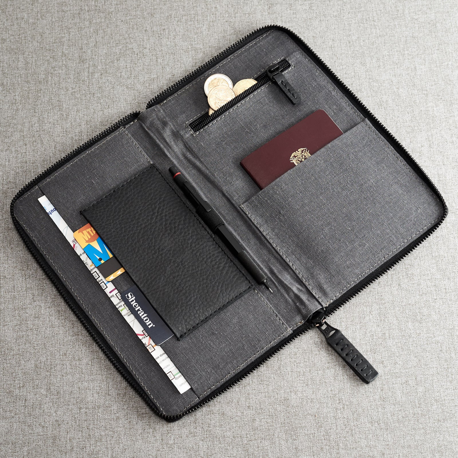 Linen interior. Black Passport Holder for travelers, document organizer, travel journal by Capra Leather