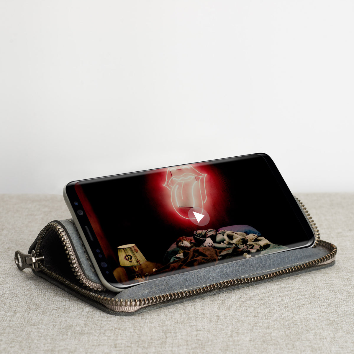 Hands free stand. Grey handcrafted leather stand case for the Samsung Galaxy S8 and S8 Plus. Samsung sleeve wallet with card holder