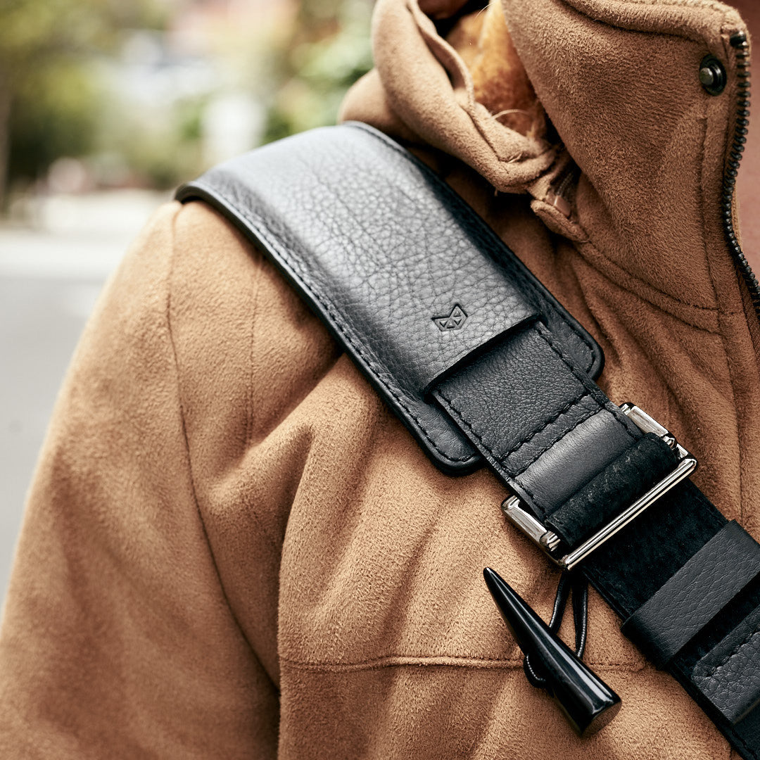 Shoulder strap style photo. Black handmade leather messenger bag for men. Commuter bag, laptop leather bag by Capra Leather.