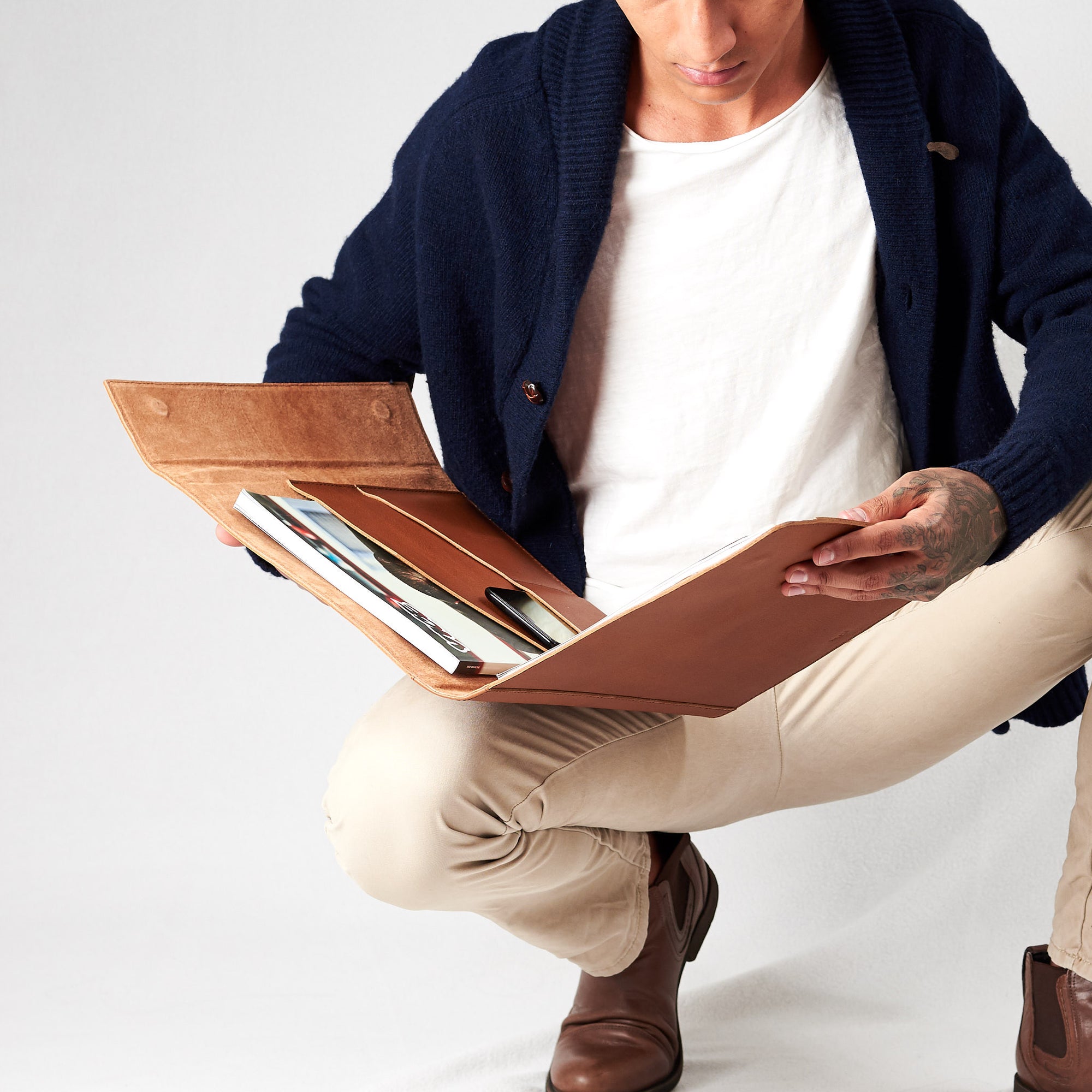 Style pockets detail. Tan Laptop Tablet Portfolio. Business Document Organizer for Men by Capra Leather