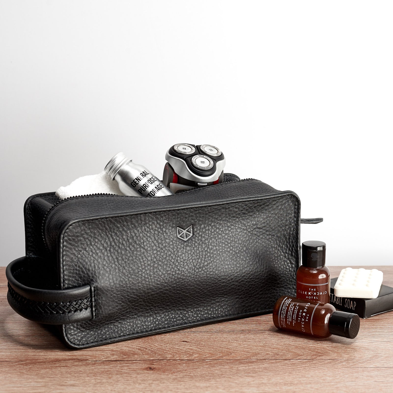 Style photo, dopp kit and toiletries. Black toiletry travel bag 