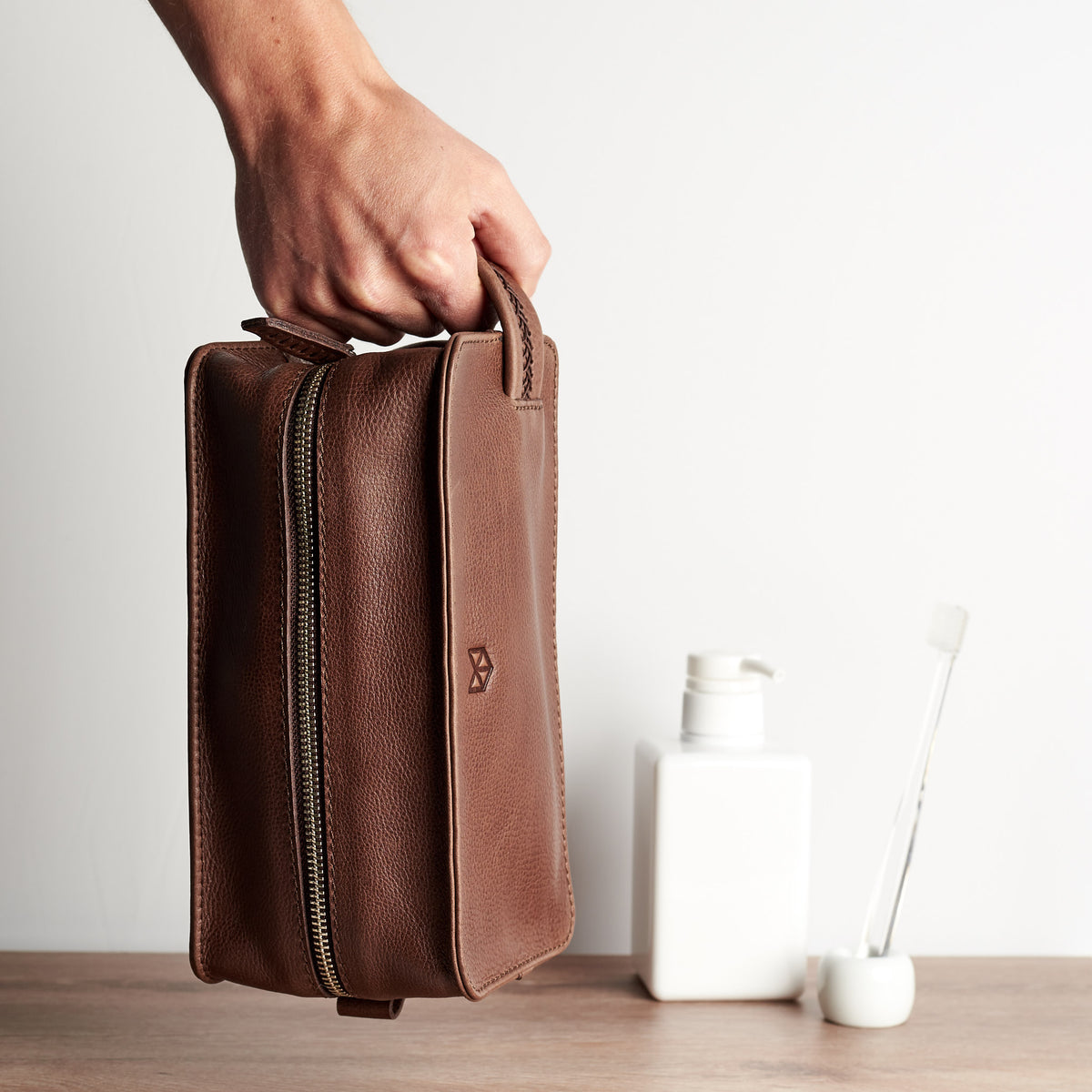 Style photo. Brown leather shaving bag. Groomsmen gifts for men. Handmade leather travel toiletry bag