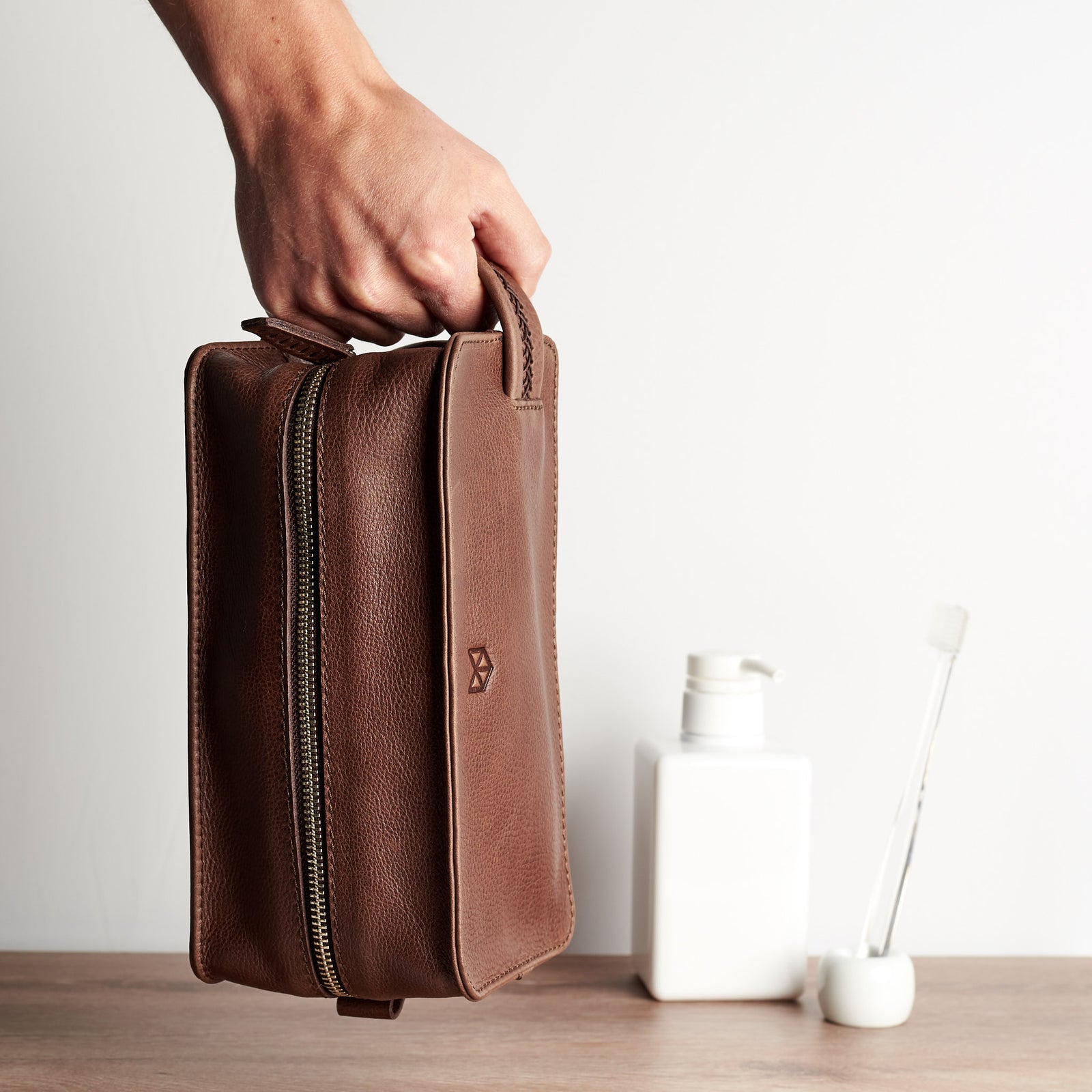 Style photo. Brown leather shaving bag. Groomsmen gifts for men. Handmade leather travel toiletry bag