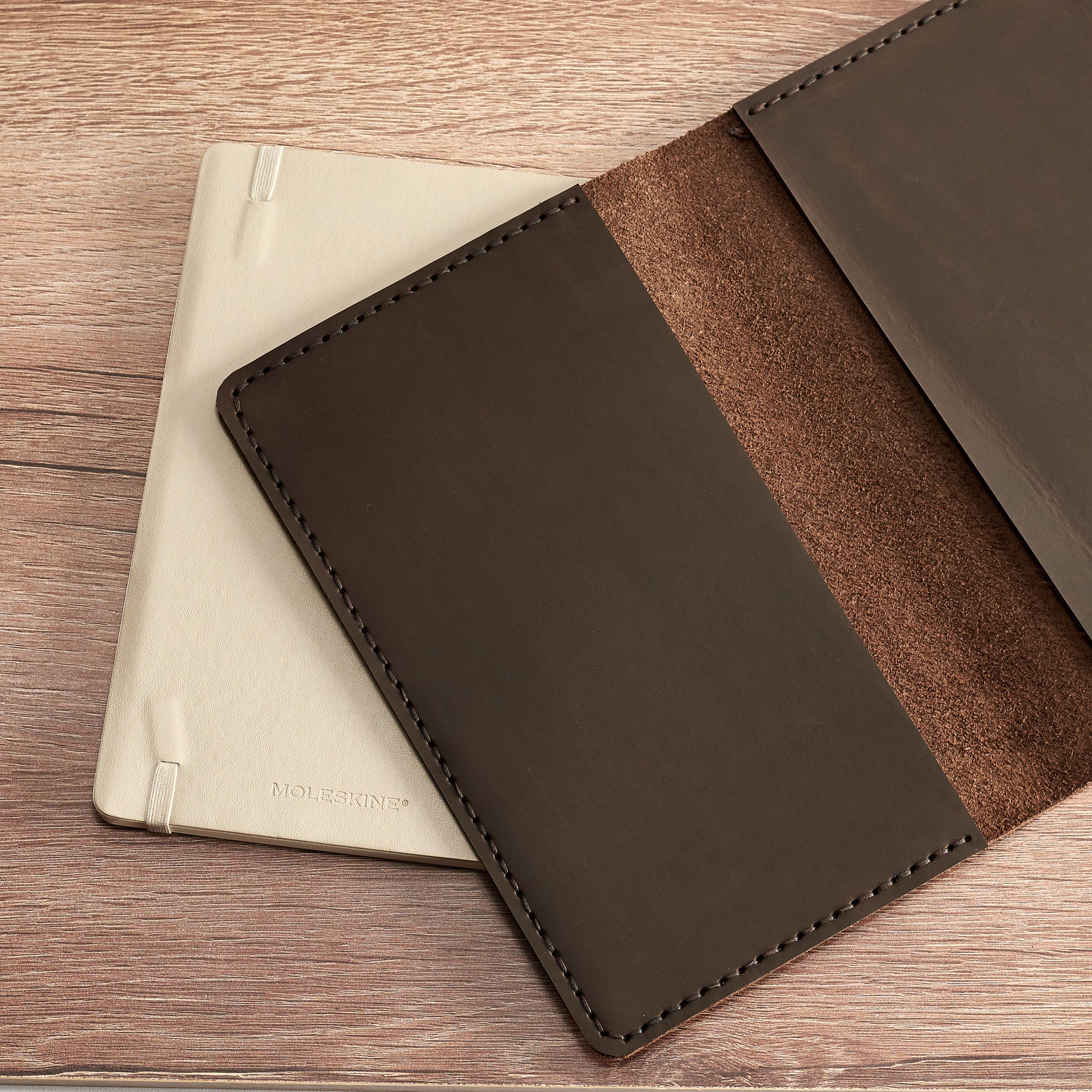 Office style.  Entirely hand stitched Moleskine Large and Pocket leather cover. Traveler's journal case. Customize your notebook with our handmade case. 