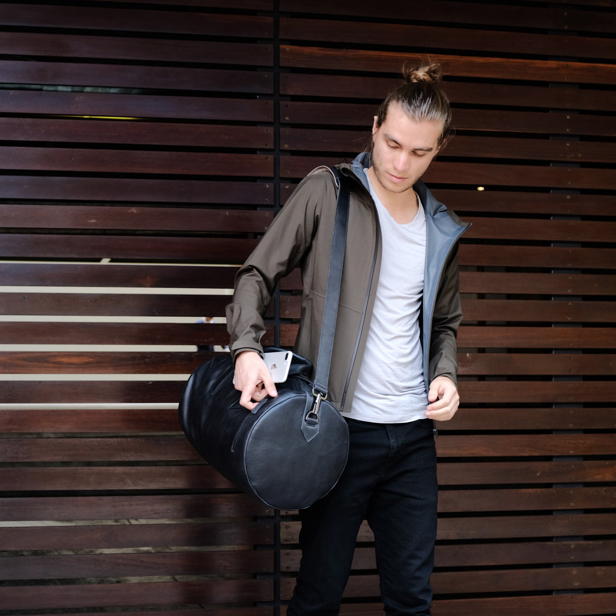 Style. Black leather weekender travel bag. Carry on cabin bag