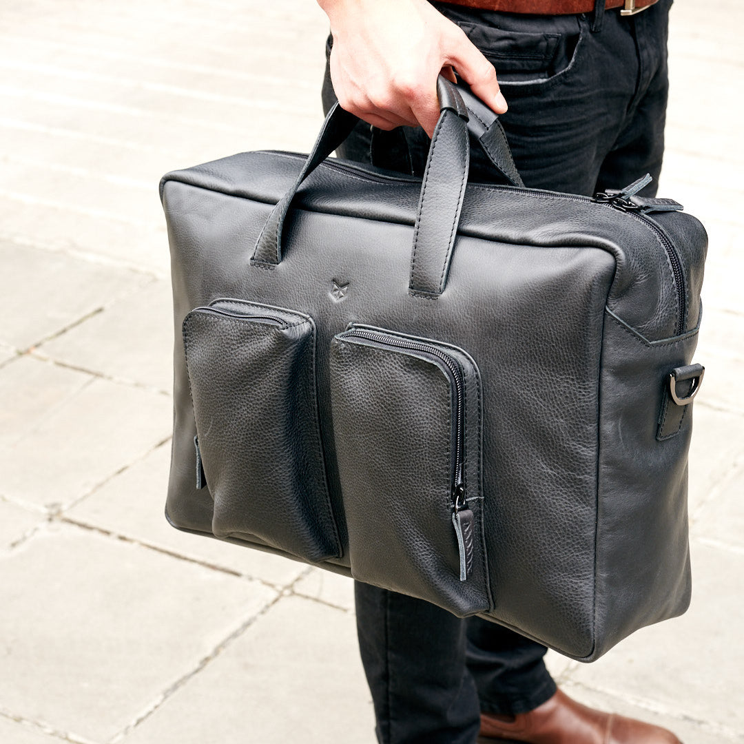 Street Style. Black handmade leather messenger bag for men. Commuter bag, designer bag for mens gifts