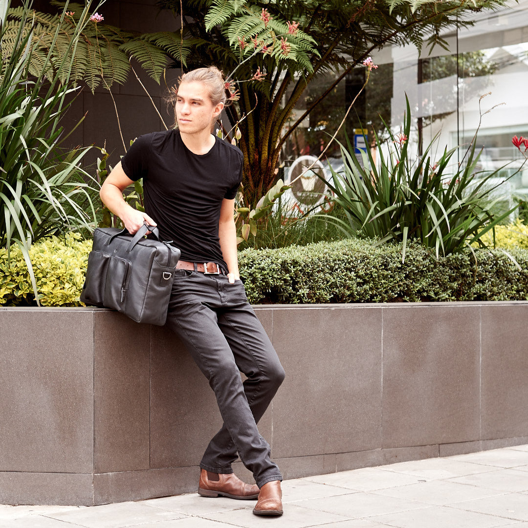 Street Style. Black handmade leather messenger bag for men. Commuter bag, mens weekender bag 
