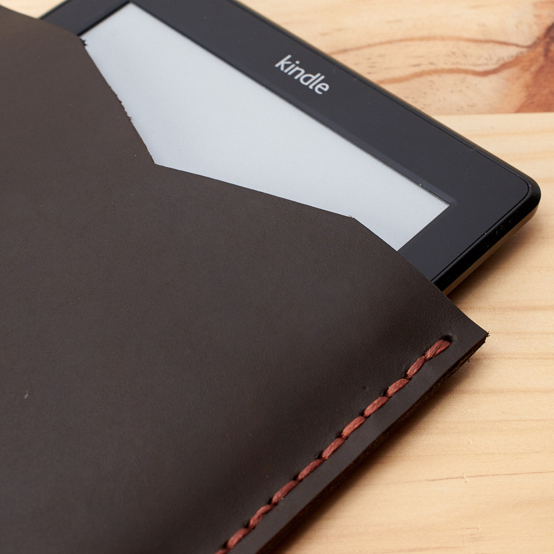 Detail. Front. Marron Leather Kindle Cover. Hand stitched Case. Handmade Kindle Case. Gifts for him
