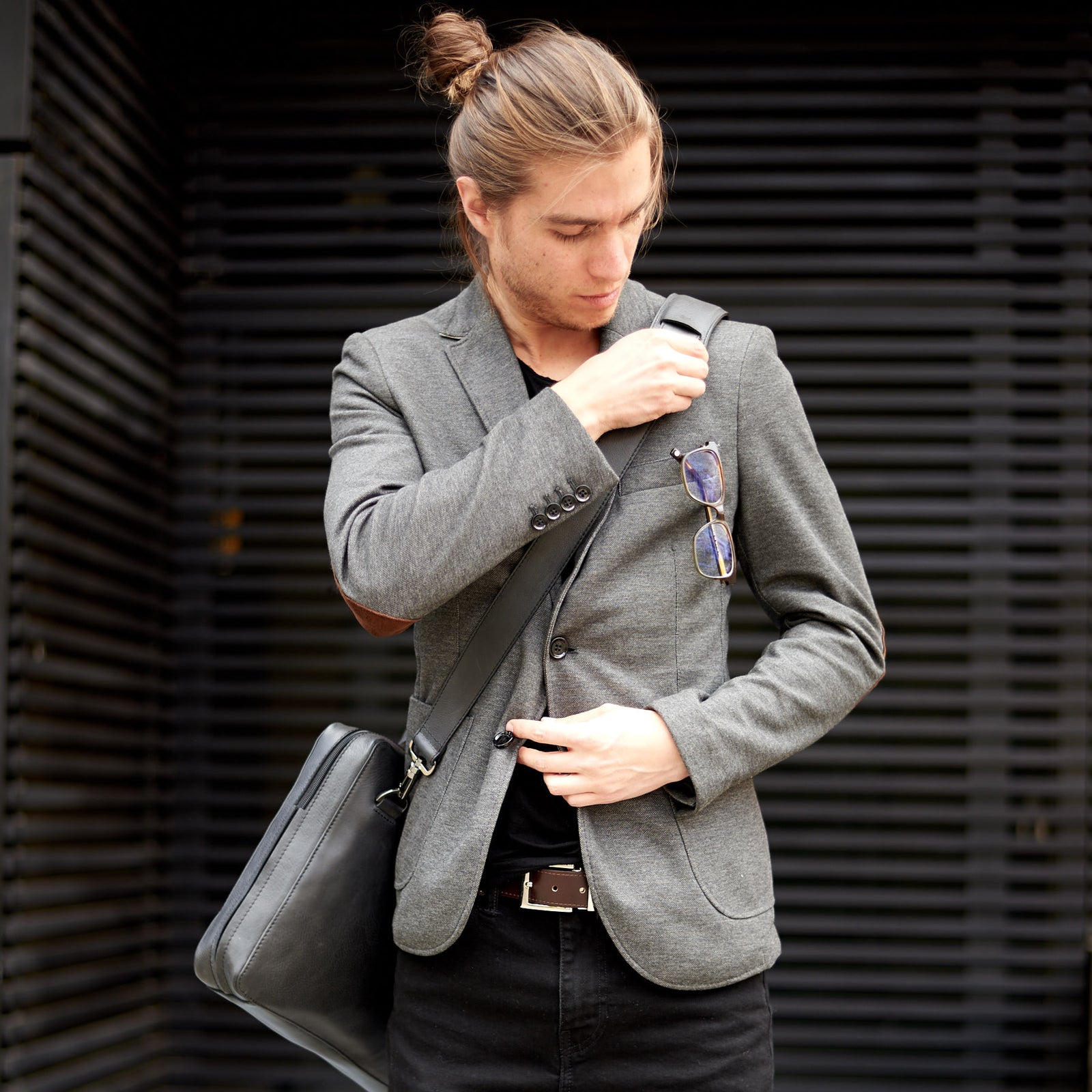 Style photo. Black leather workbag. Mens custom soft briefcase