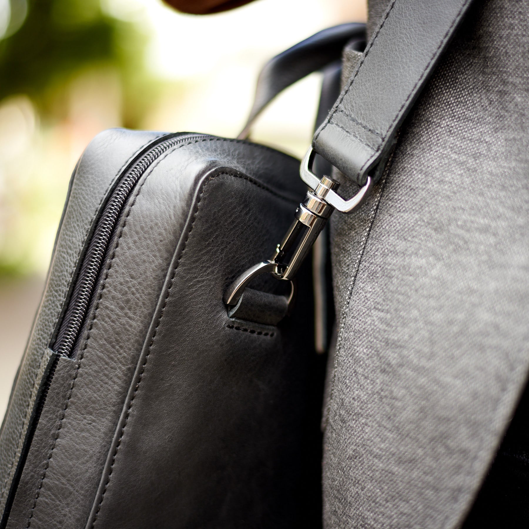 Close up outside. Black leather briefcase. Workbag for 13 inch 15 inch laptop. Mens leather bags