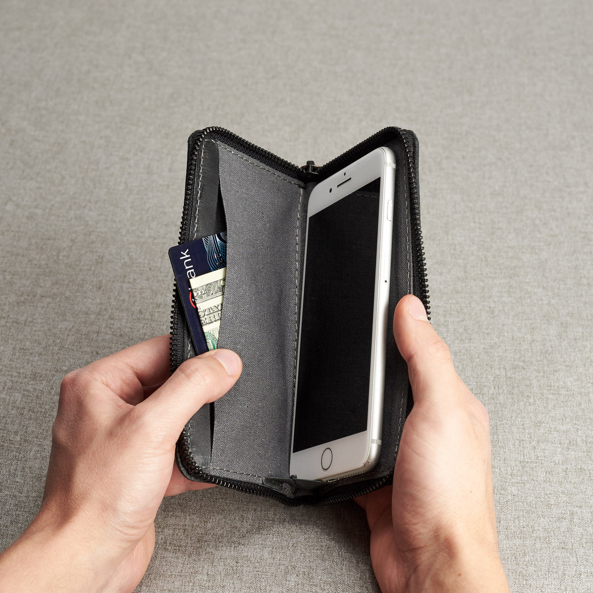 Style photo. Black leather wallet case. iPhone x, iPhone 10, iPhone 8 plus leather stand sleeve