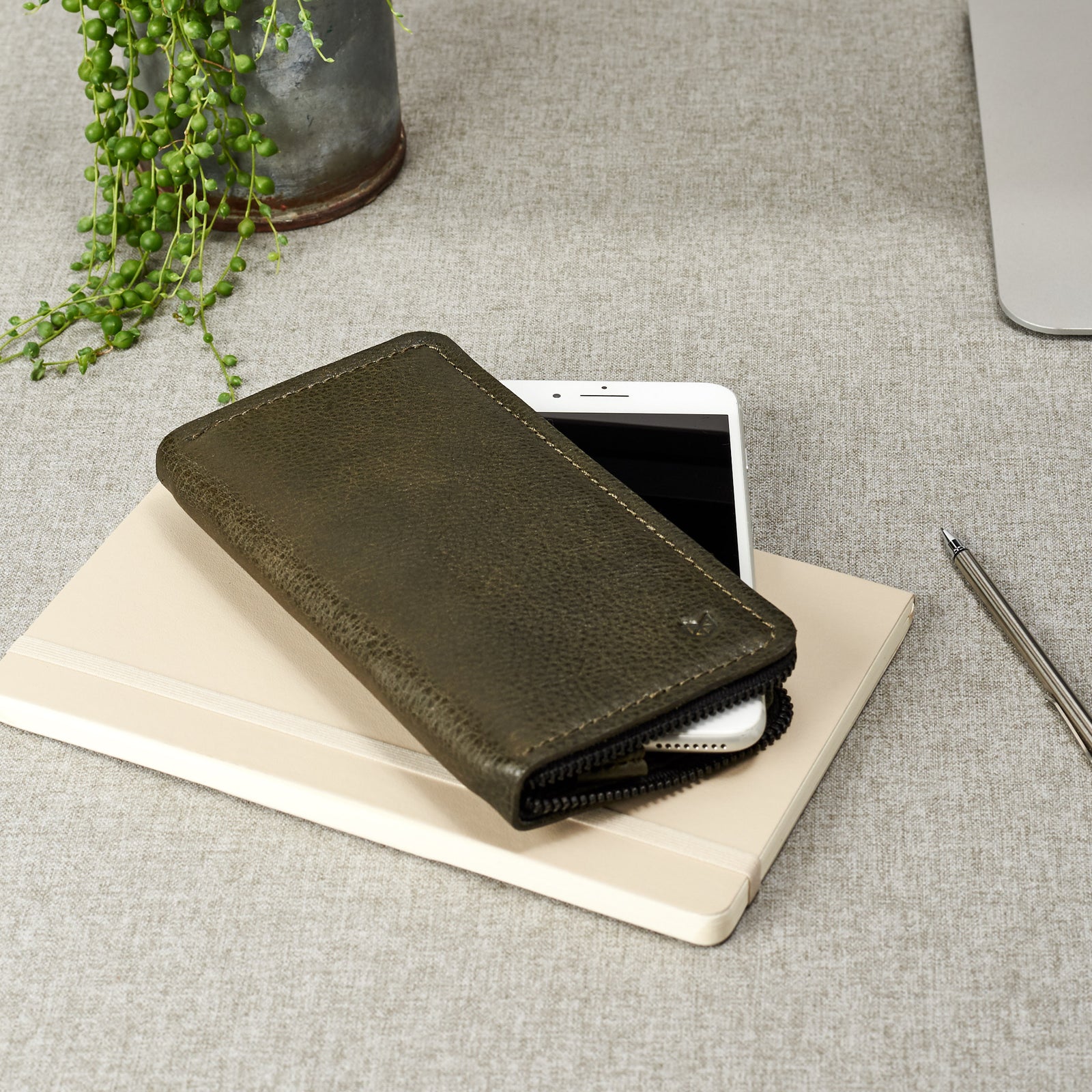 Hands free stand. Green iPhone leather wallet stand case for mens gifts. iPhone x, iPhone 10, iPhone 8 plus leather stand sleeve