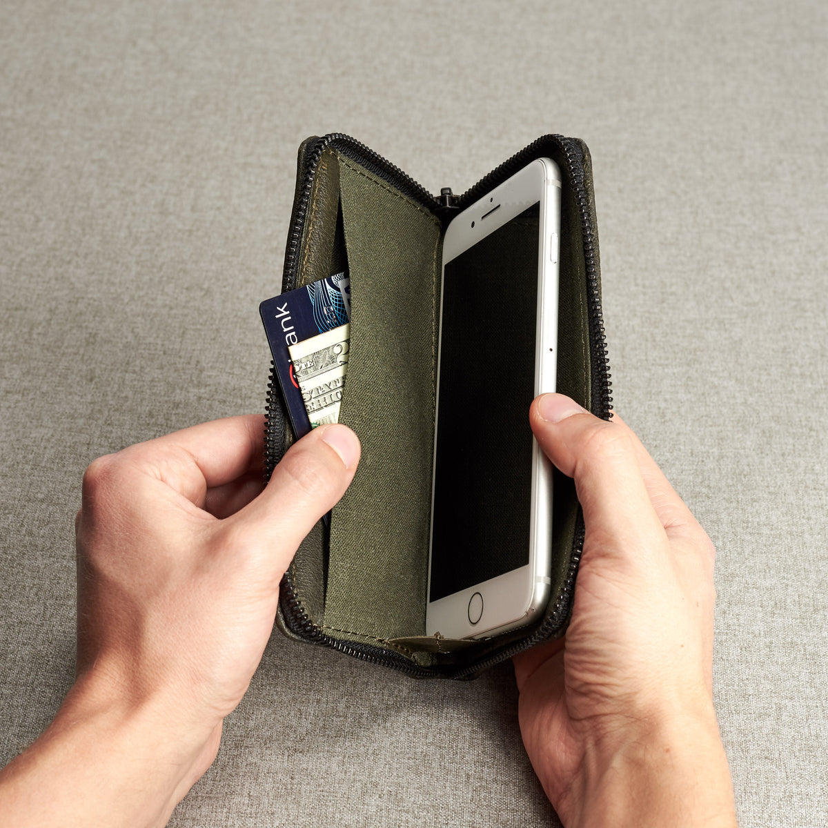 Style photo. Green leather wallet case. iPhone x, iPhone 10, iPhone 8 plus leather stand sleeve