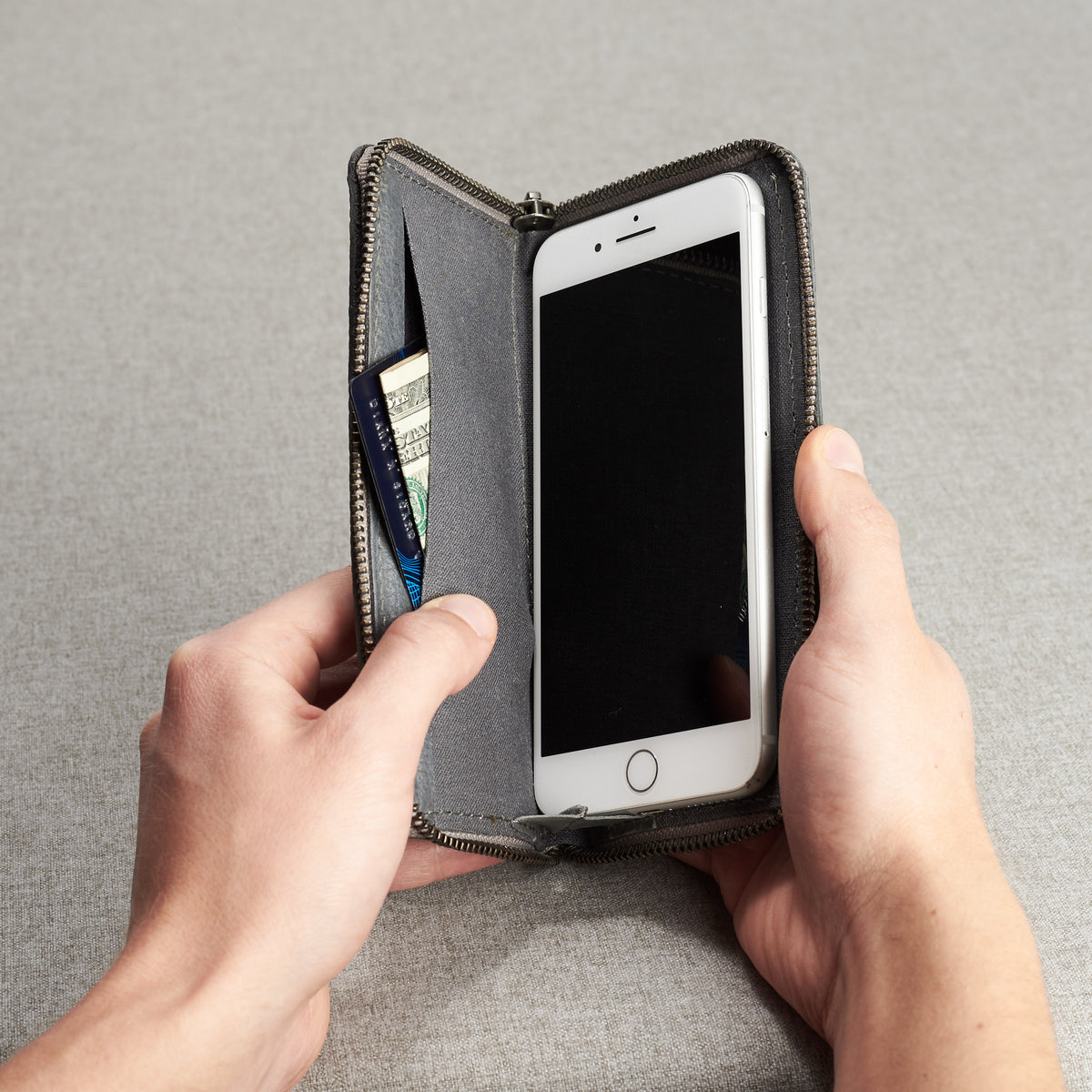 Style photo. Grey leather case stand wallet for men. iPhone x, iPhone 10, iPhone 8 plus leather stand sleeve