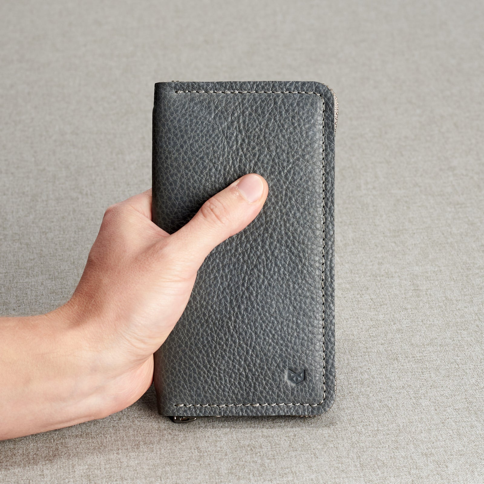 Style. Grey iPhone leather wallet stand case for mens gifts. iPhone x, iPhone 10, iPhone 8 plus leather stand sleeve