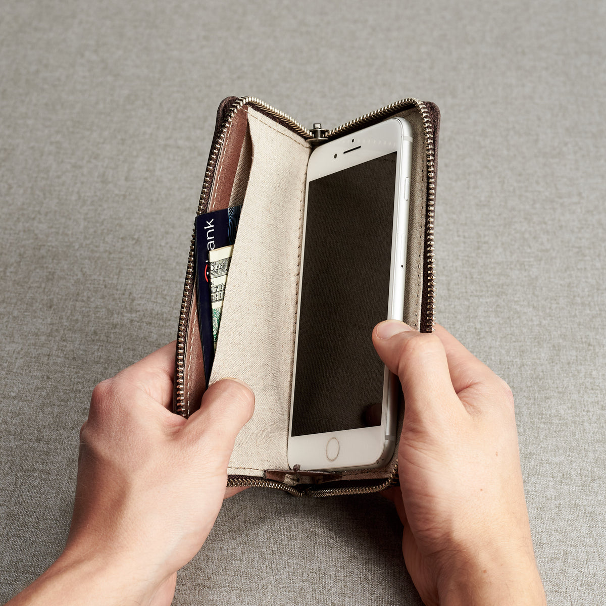 Interior pocket. Brown iPhone leather wallet stand case for mens gifts.  iPhone x, iPhone 10, iPhone 8 plus leather sleeve 