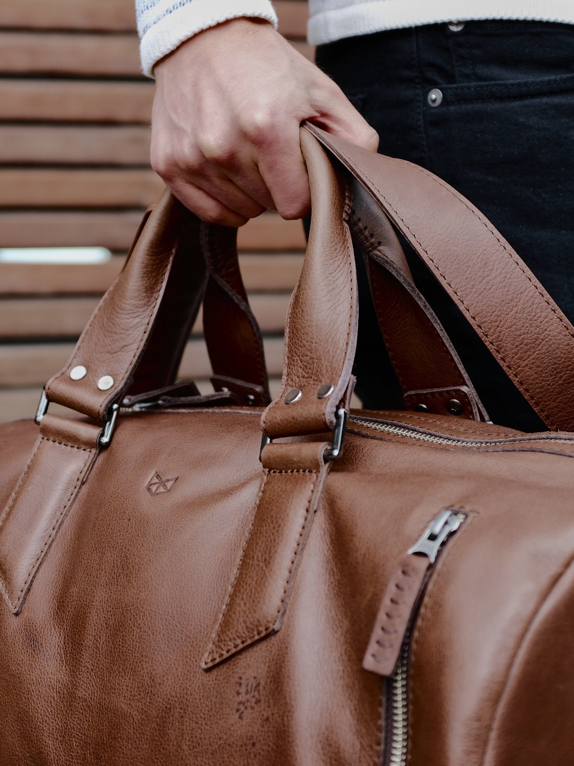 Hand stitched handles. Handmade brown leather athletic work out bag