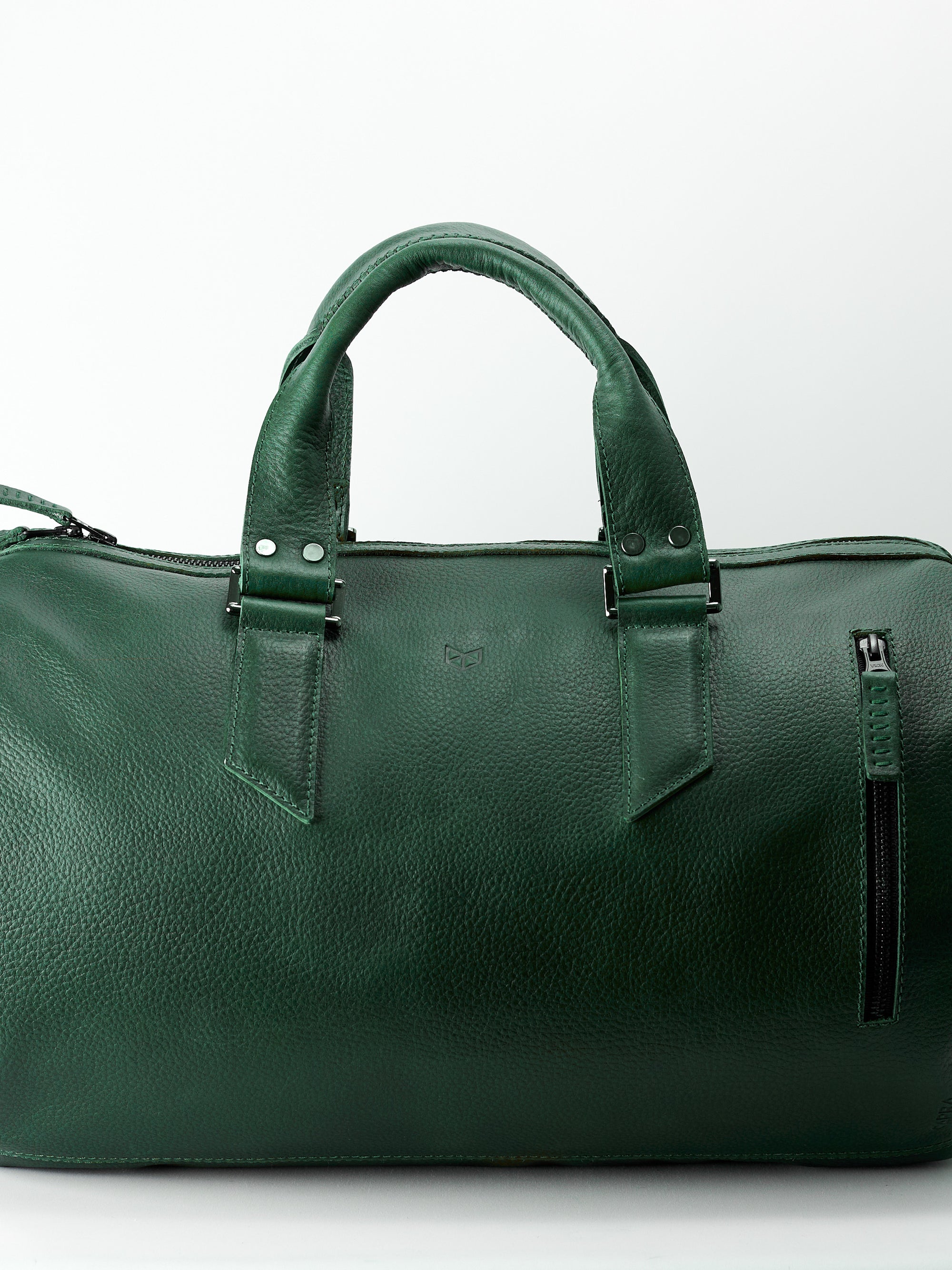 Green Duffle leather travel bag for men. Gym athletic bag 