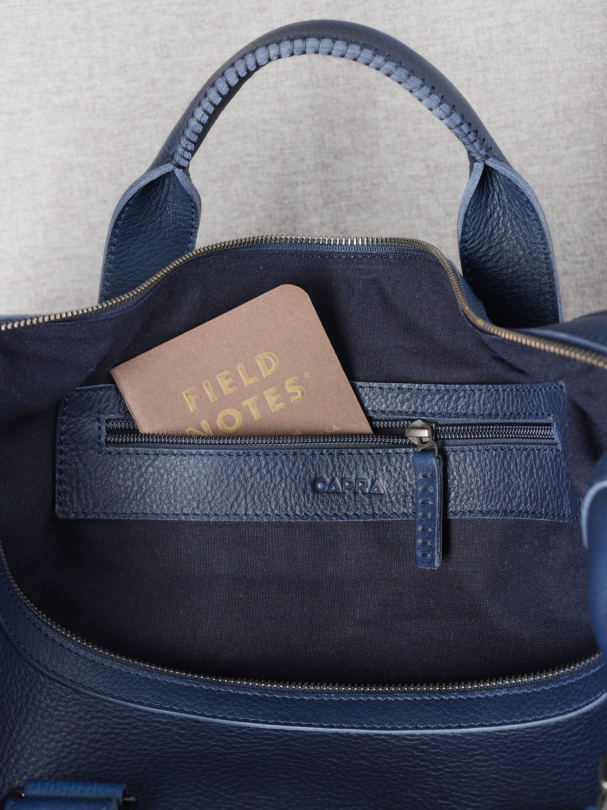 Interior pocket. Substantial Duffle Bag Navy by Capra Leather