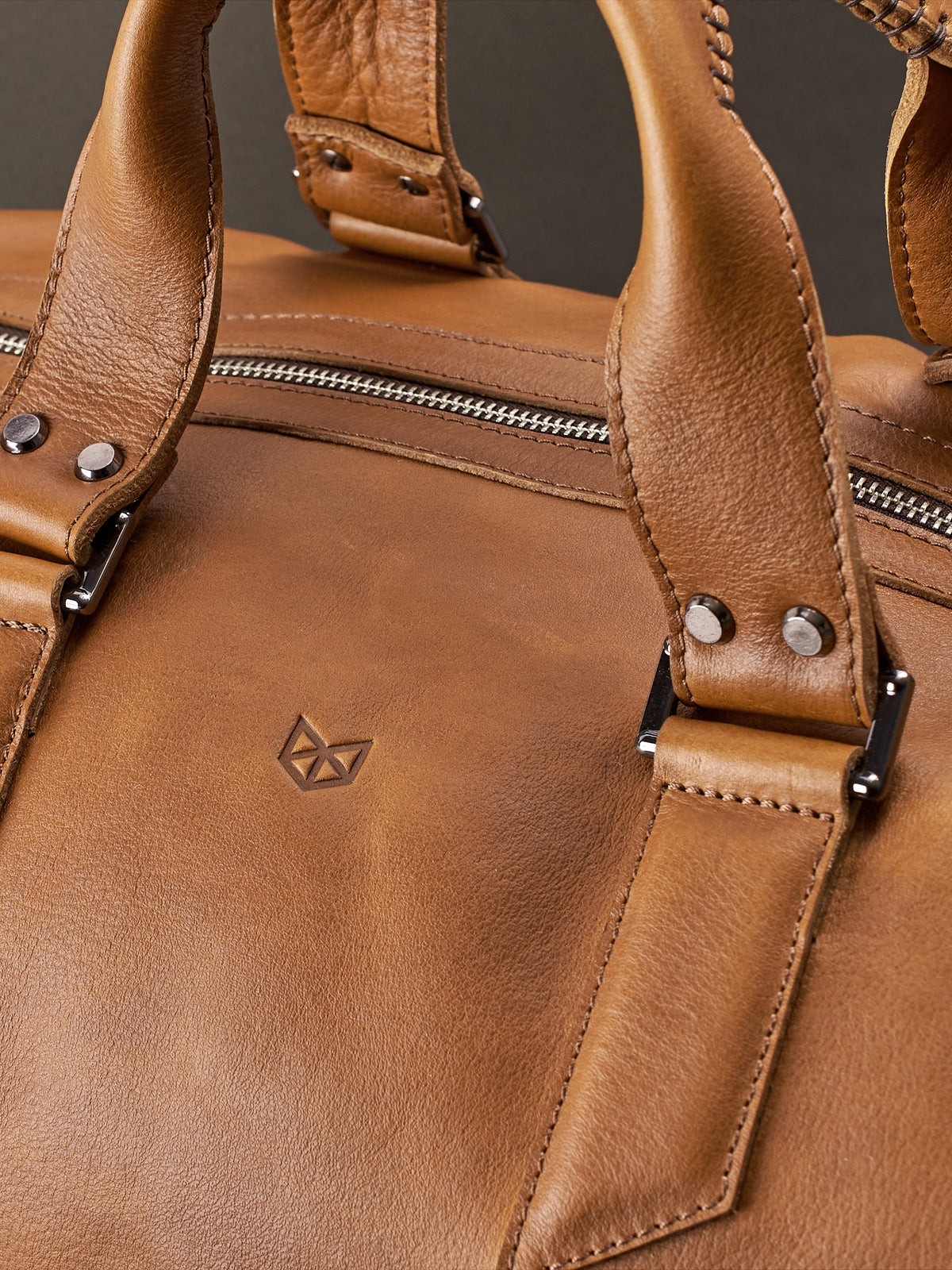 Custom monogram. Handmade Tan brown leather duffle bag for men. Mens designer shoulder bag