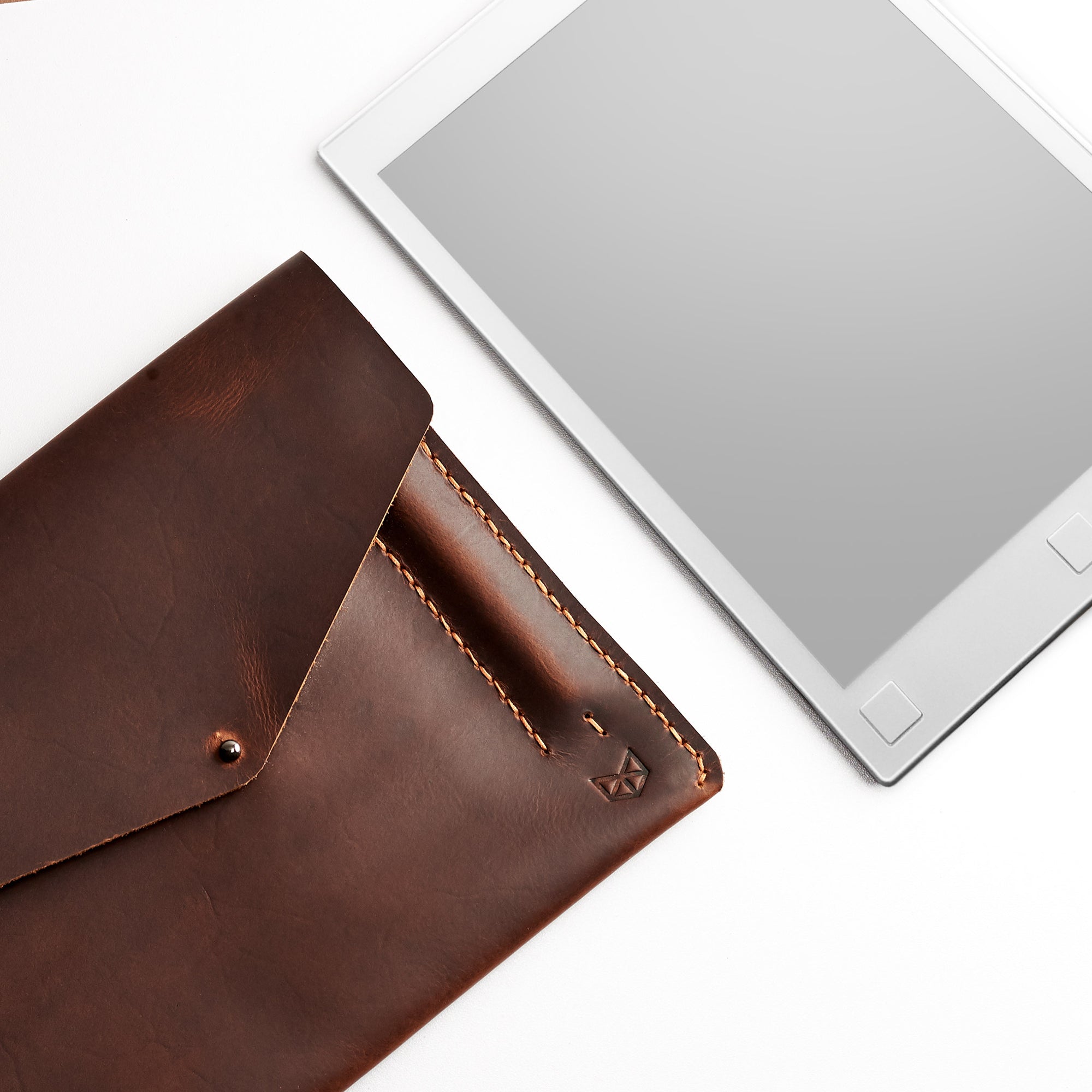 Style. Tan brown handcrafted leather reMarkable tablet case. Folio with Marker holder. Paper E-ink tablet minimalist sleeve design. 