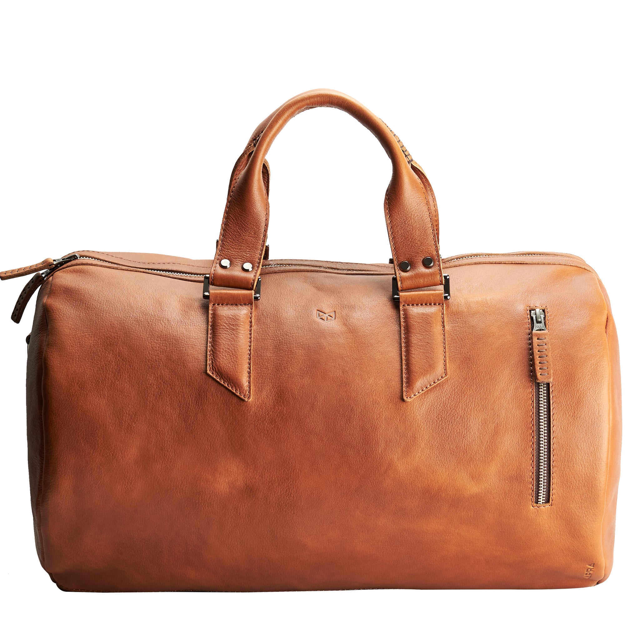 Handmade Tan brown leather duffle bag for men. Mens designer shoulder bag