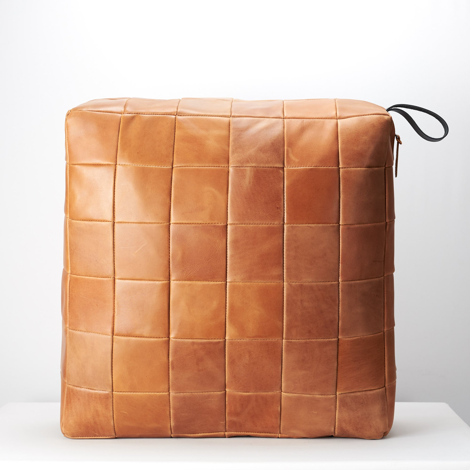 Tan Leather floor cushion pillow stand up. Ottoman personalized size.