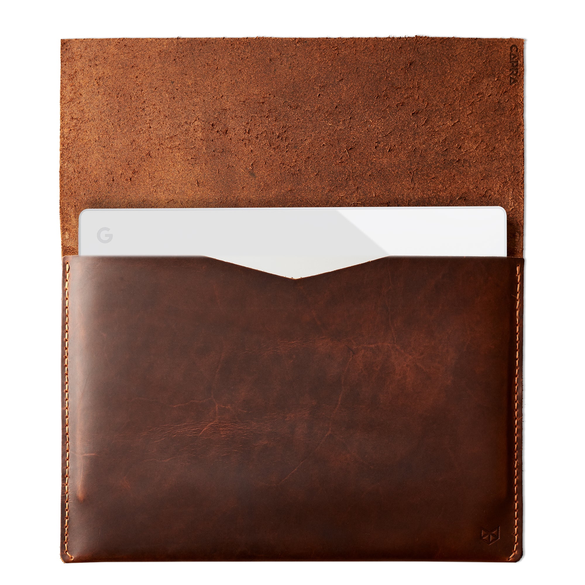 Front interior. Tan brown leather Pixelbook and Pixelbook Go sleeve. Designer unique mens cases. Hand stitched Pixelbook sleeve
