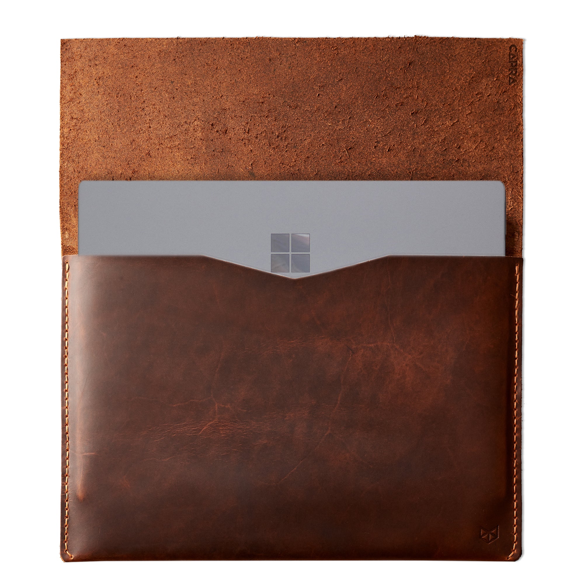 Open. Tan leather Pixelbook and Pixelbook Go sleeve. Designer unique mens cases.