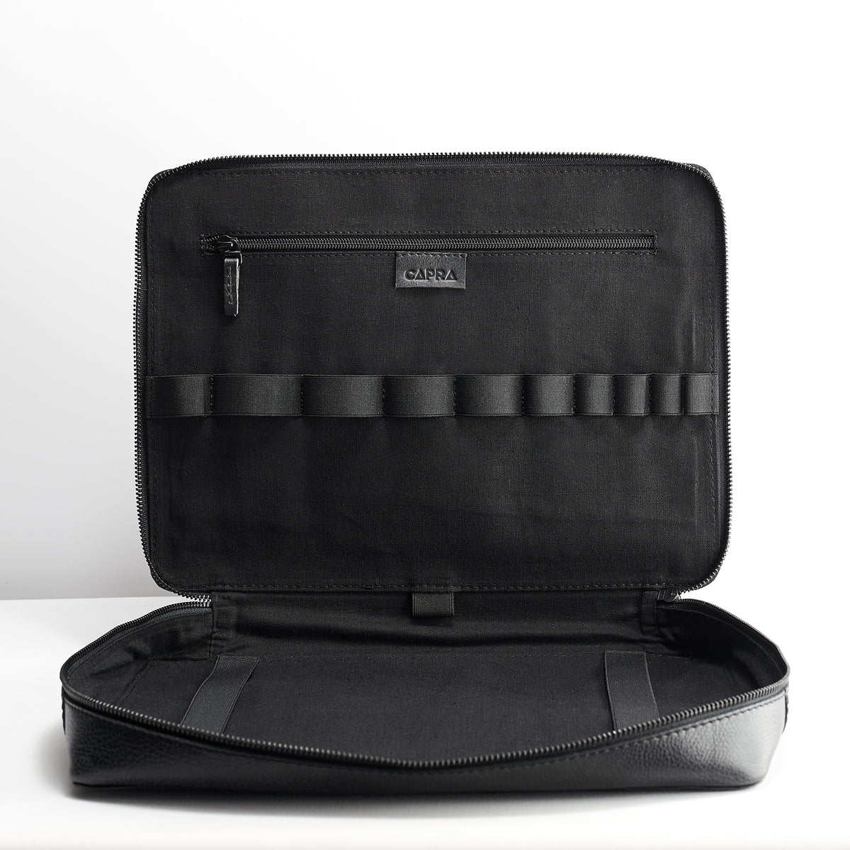 Linen interior. Black mens EDC bag by Capra Leather