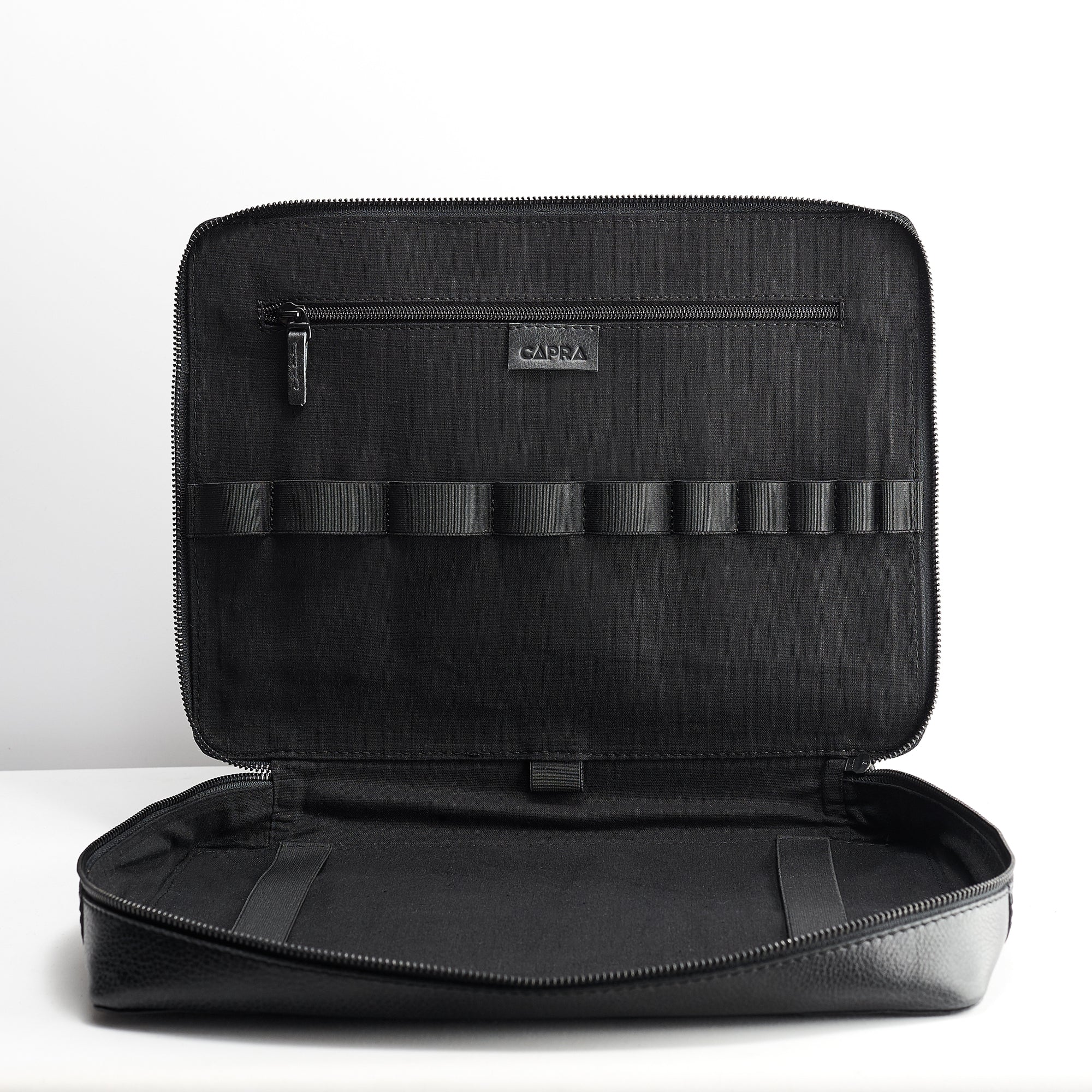 Linen interior. Black gear bag tech organizer by Capra Leather