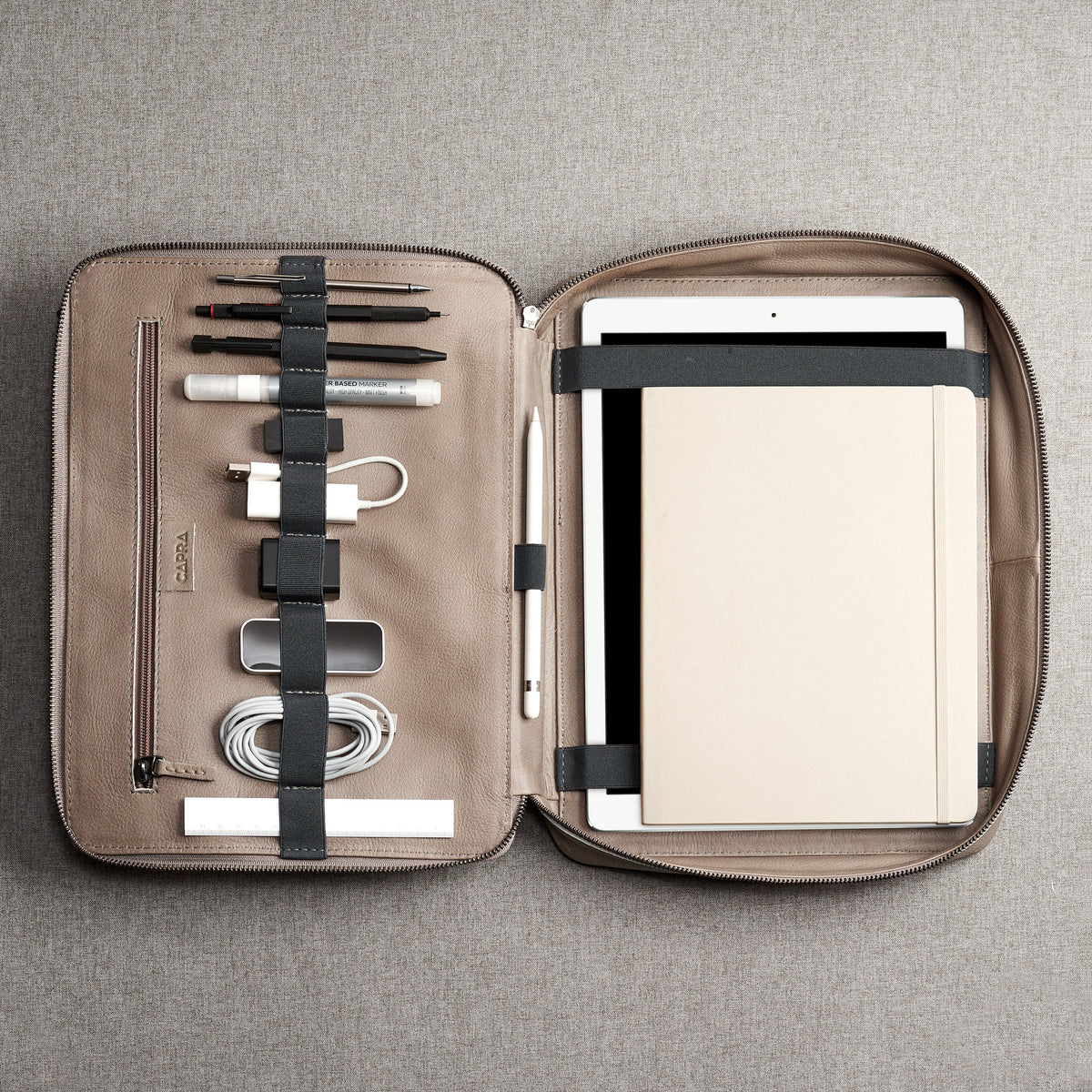 Travel electronics organizer with leather interior. Grey large tech pouch by Capra Leather