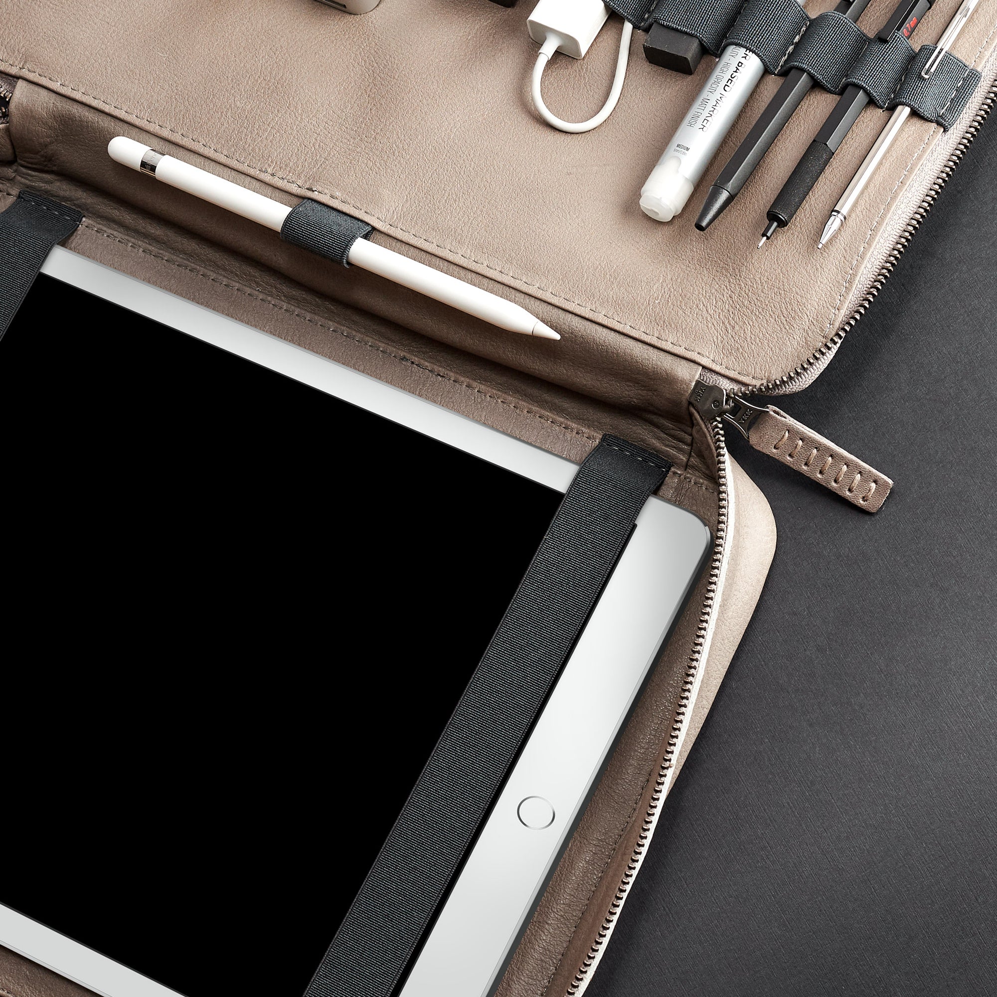iPad Pro 12.9 bag with dedicated Apple Pencil holder. Grey EDC gear bag by Capra Leather