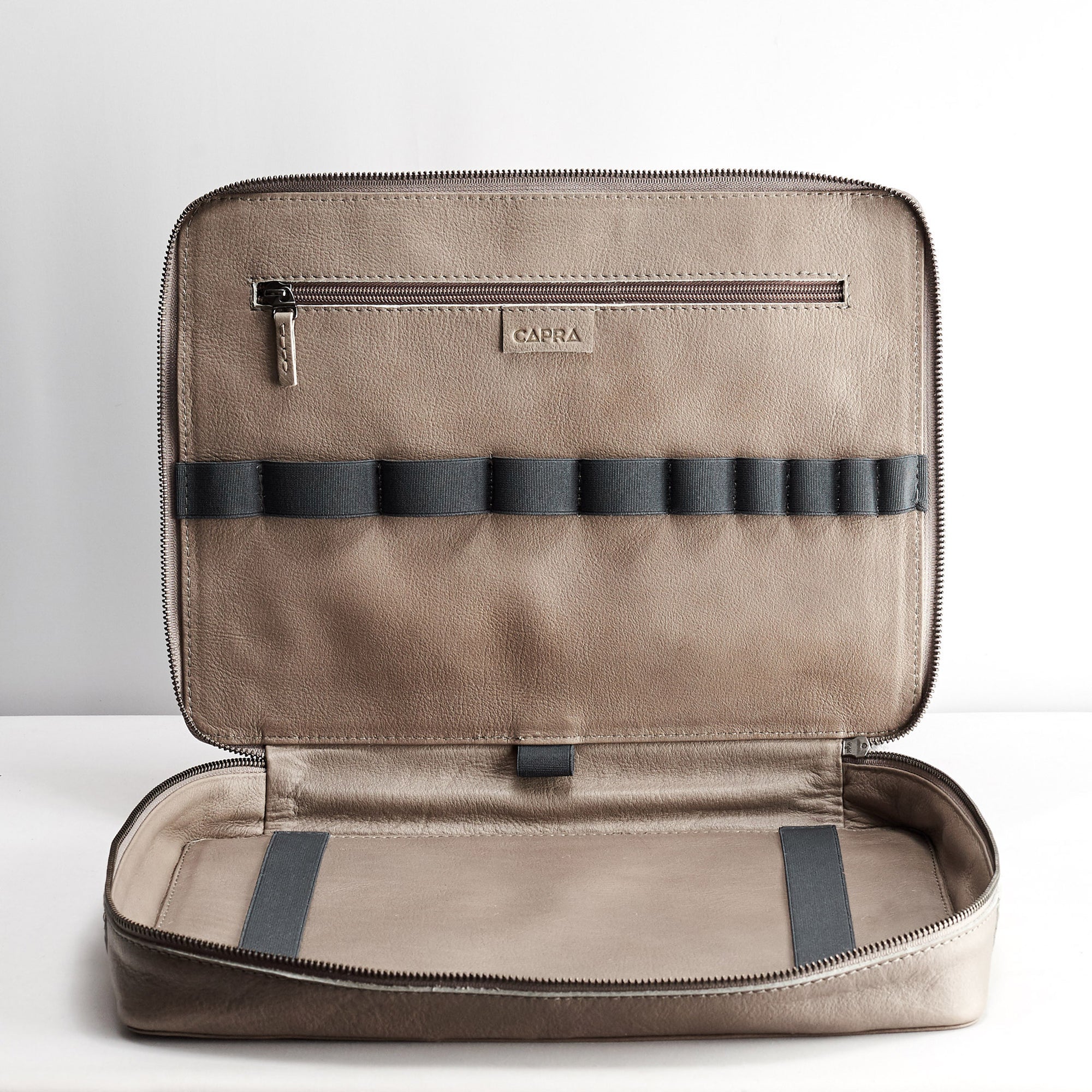 Travel electronics organizer with leather interior. Grey large tech pouch by Capra Leather