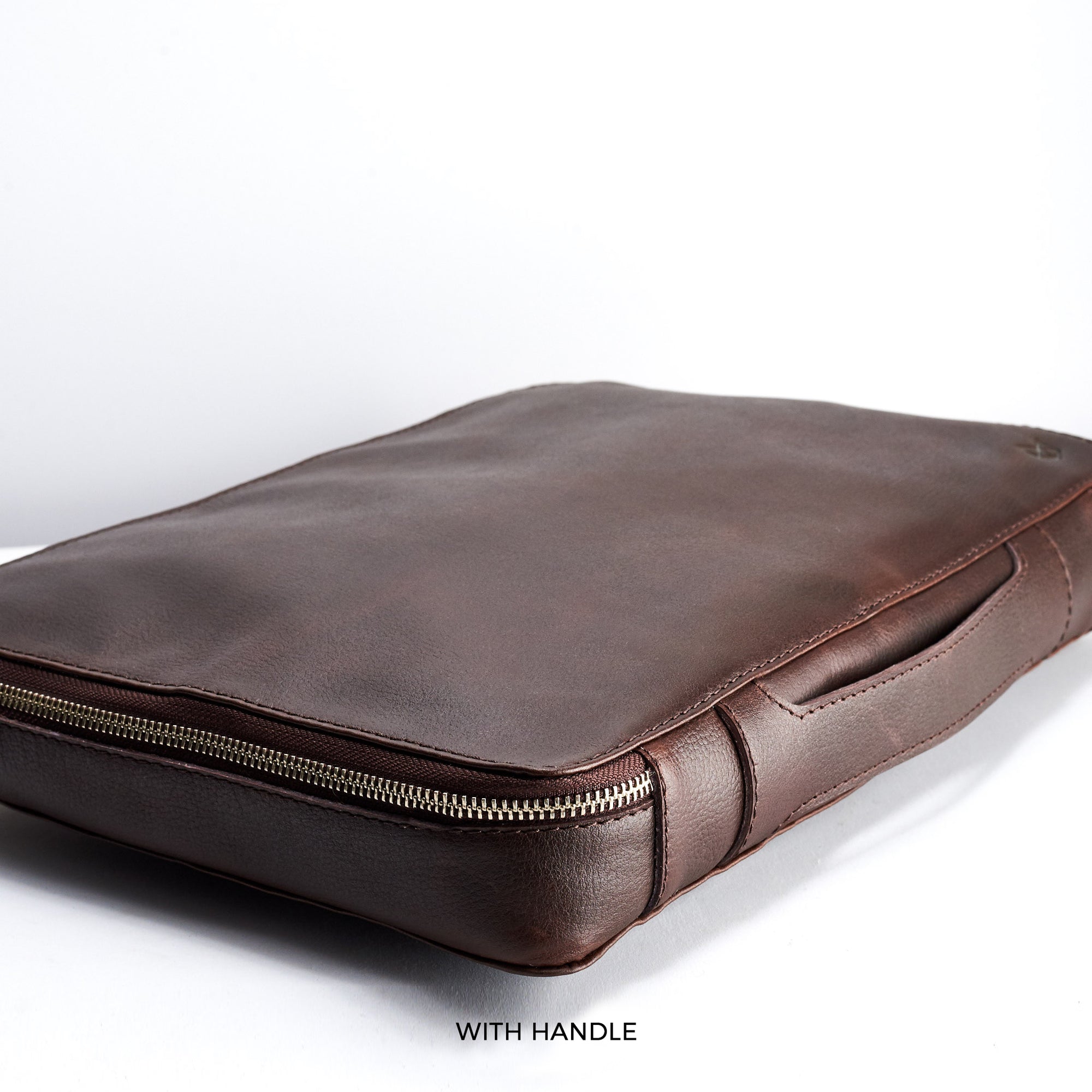 Optional leather handle. Dark Brown tech organizer pouch by Capra Leather. Fits iPad Pro 12.9 inch and MacBook Pro 14 inch