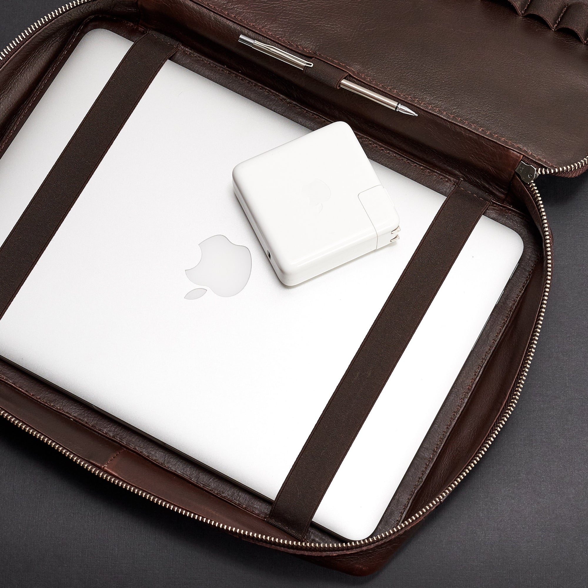 MacBook Pro gear bag. Best tech travel bag dark brown by Capra Leather
