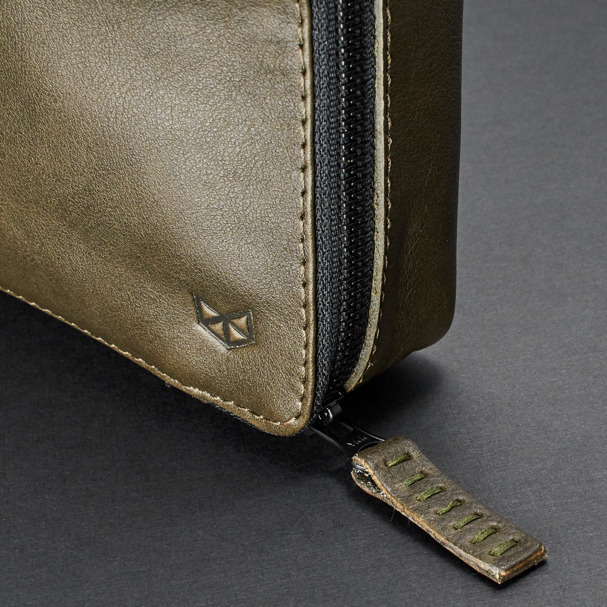YKK metallic zippers. Handmade green travel gadget organizer by Capra Leather