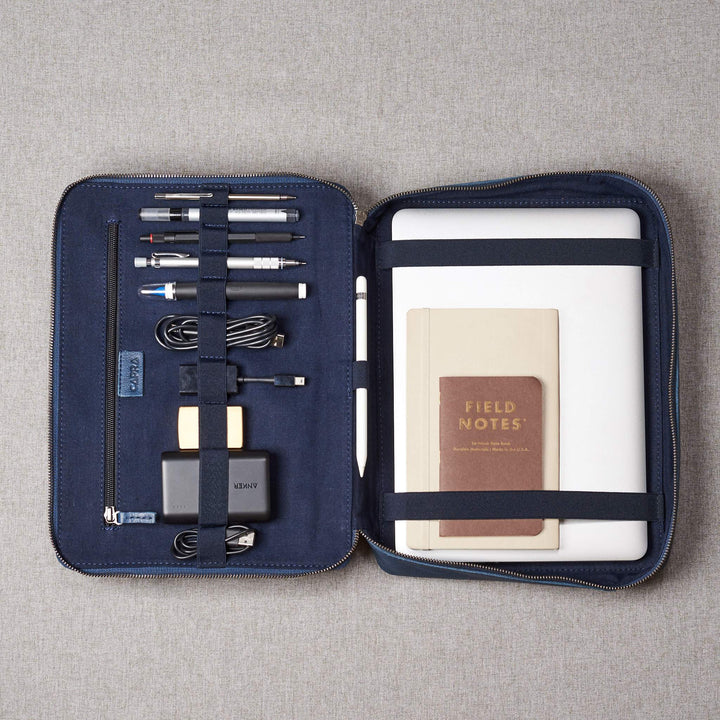 Everyday carry tech pouch. Navy blue large gadget bag by Capra Leather